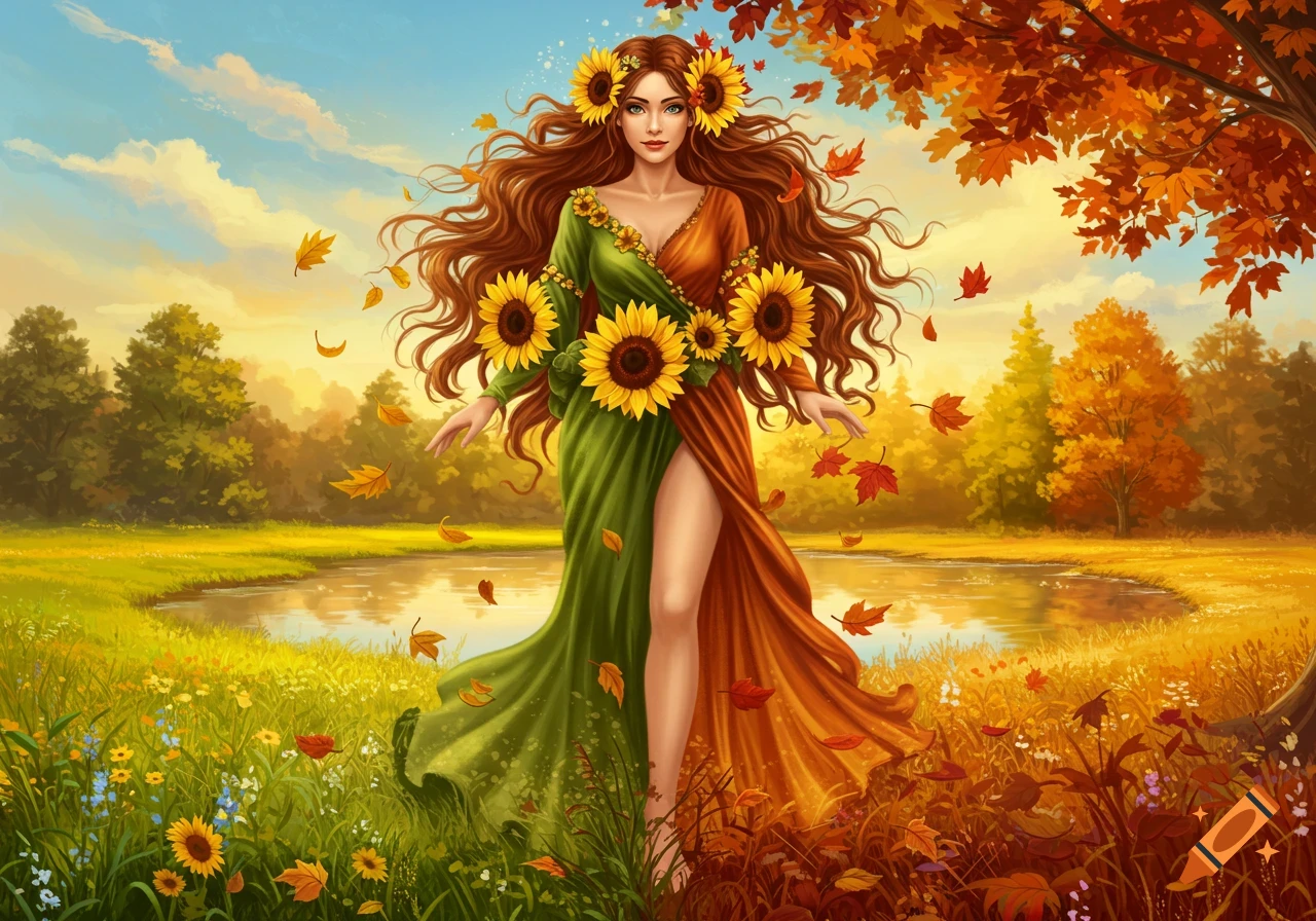 Fantasy illustration of a woman personifying summer and fall in a vibrant landscape with a pond and seasonal foliage.