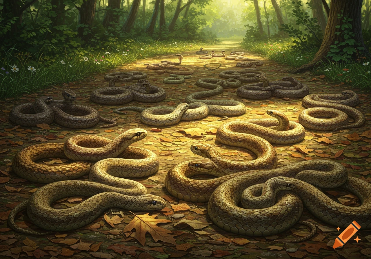 Many realistic snakes, some coiled, some stretched, on a leaf-covered path in a sunlit forest.