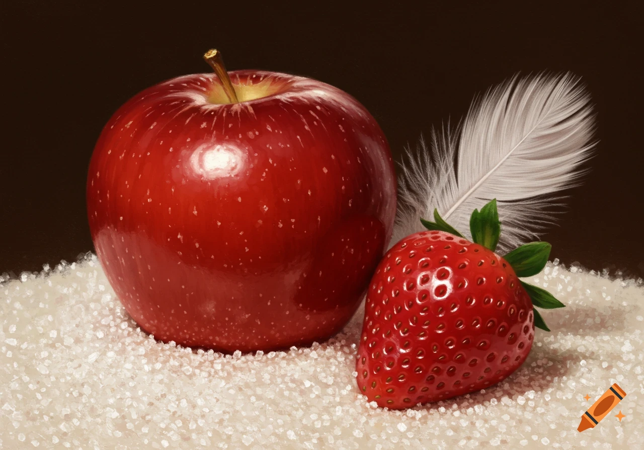 A detailed painting of a red apple, strawberry, and white feather on a pile of sugar against a dark background.