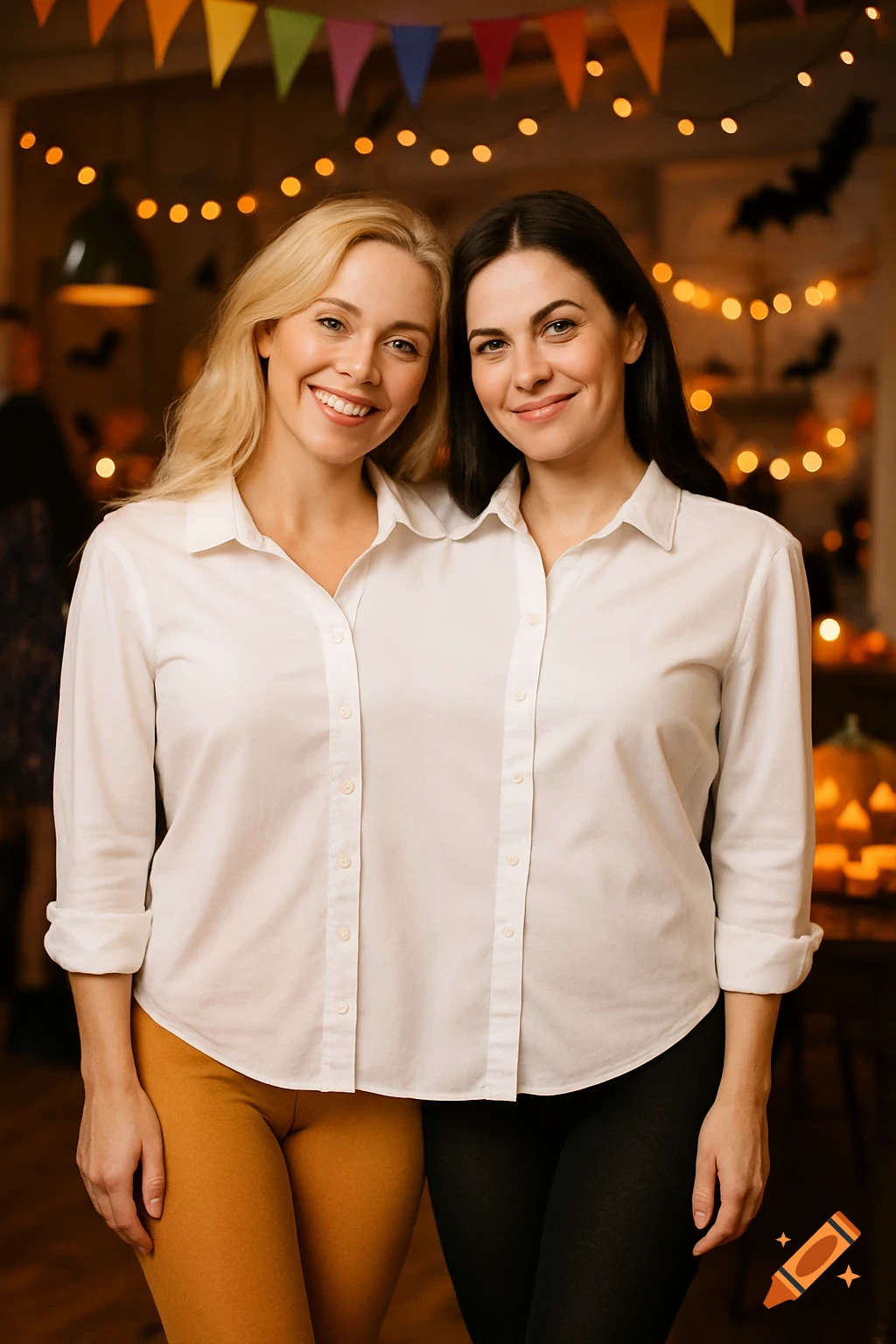 Two smiling women, one blonde and one brunette, in a conjoined white shirt, stand at a Halloween party with festive lights and banners.