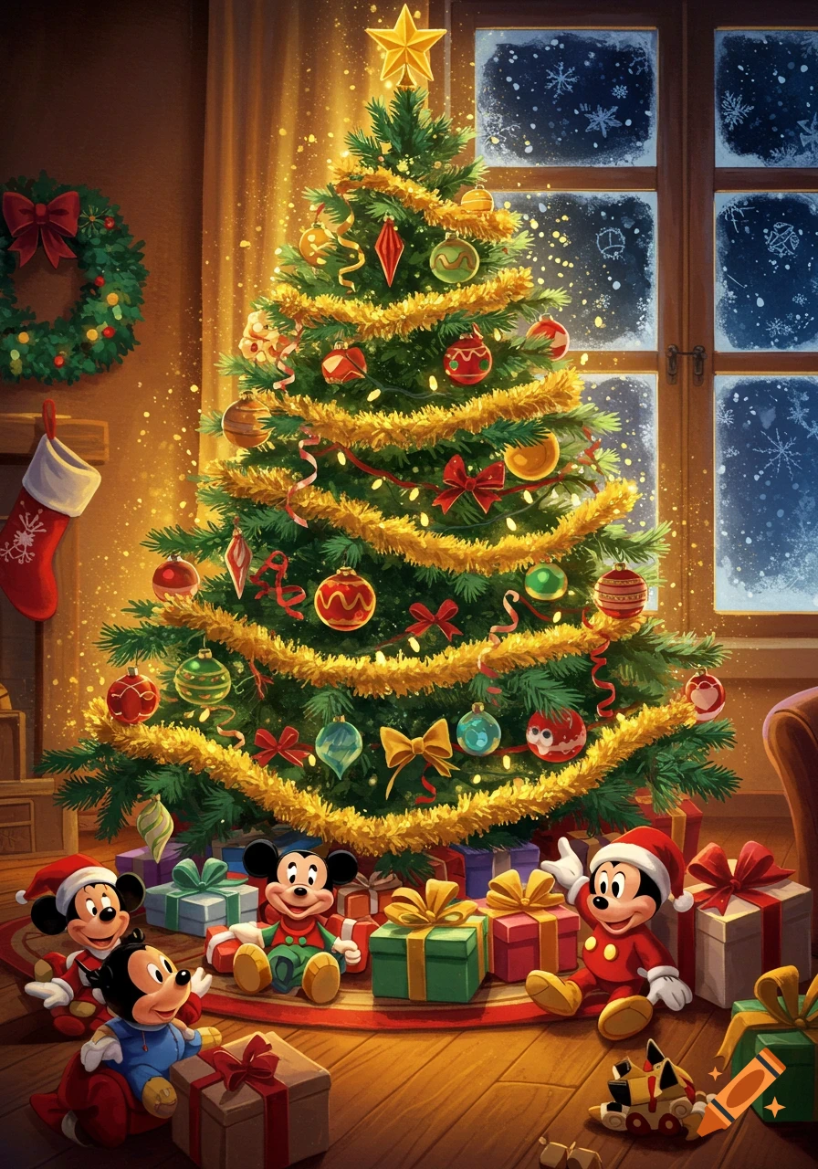 Three Mickey Mouse characters sit by a brightly lit Christmas tree adorned with presents, a wreath, and a snowy window. Walt Disney style.