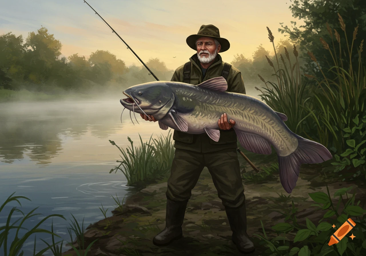 A bearded man in a hat and outdoor gear proudly holds a large catfish by a misty lake at sunrise.