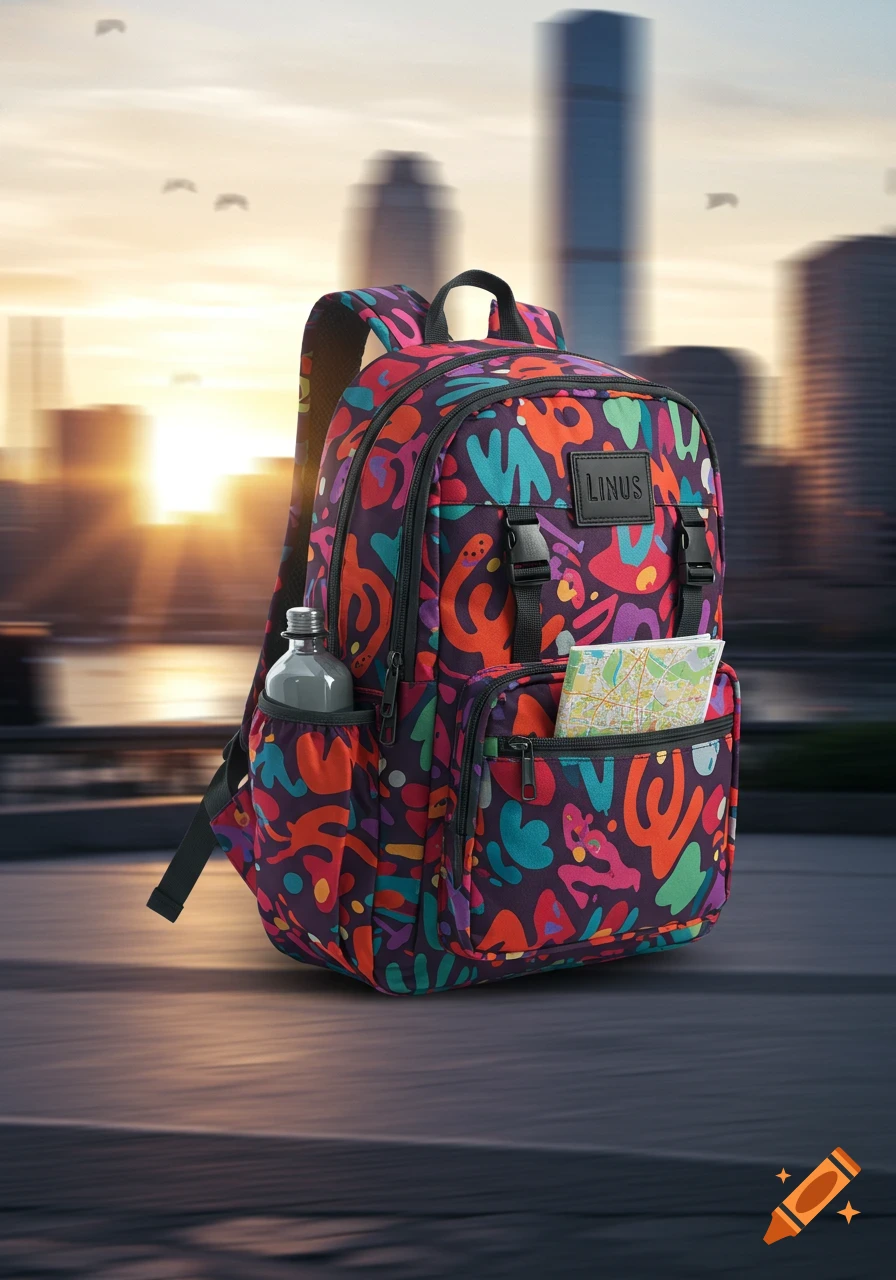 A vibrant, multi-colored backpack with a water bottle and map in pockets, against a blurred city skyline at sunset.