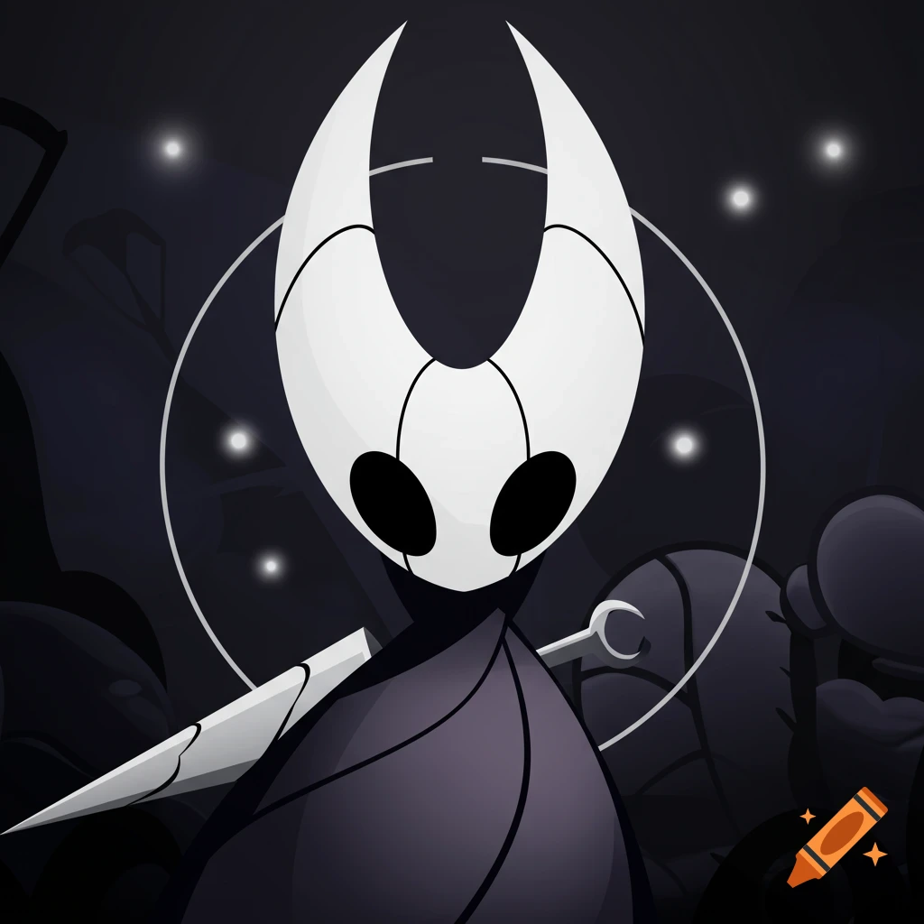 A stylized character resembling Hollow Knight, with a white horned mask, black kidney-shaped eyes, and a dark cloak, wielding a nail weapon.