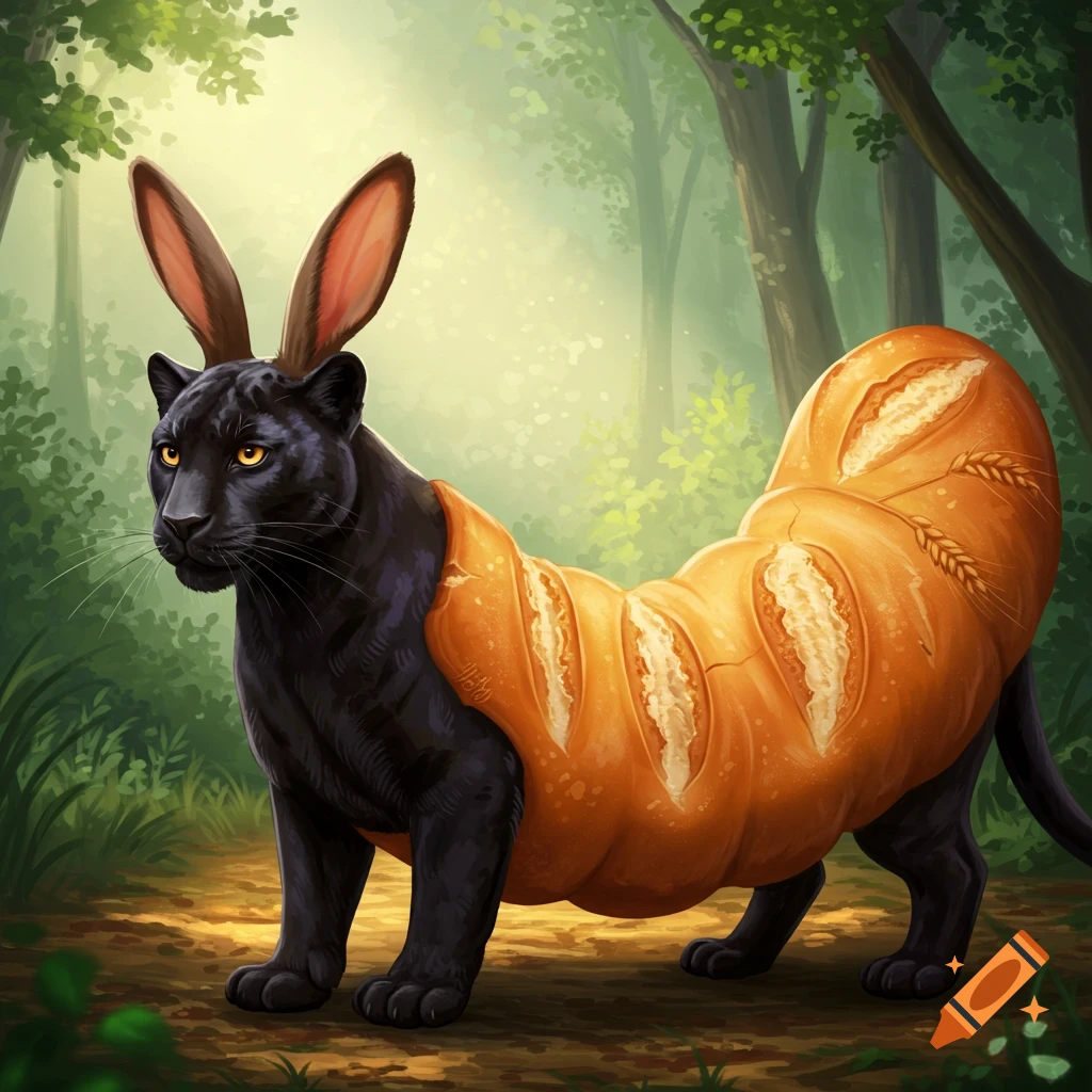 A whimsical black panther with large rabbit ears and a golden baguette for a body, standing in a sunlit forest.
