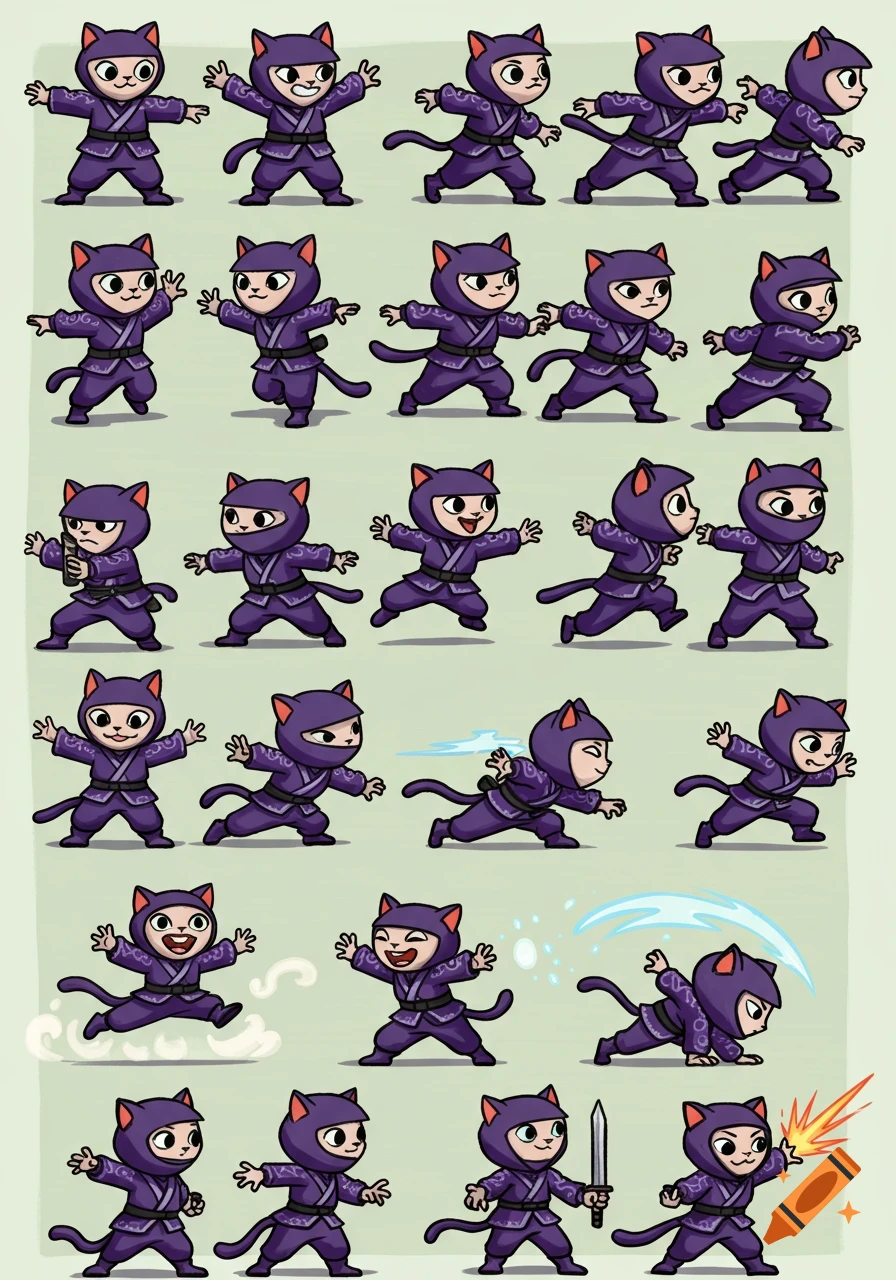 A cartoon sprite sheet featuring multiple poses of a purple cat-ninja character, some with weapons or elemental effects.