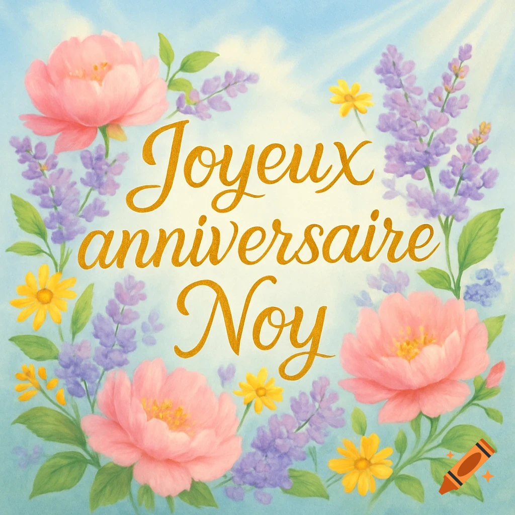 Birthday card with 'Joyeux anniversaire Noy' in gold script, framed by pink peonies, purple lavender, and yellow daisies on a sunny blue sky.