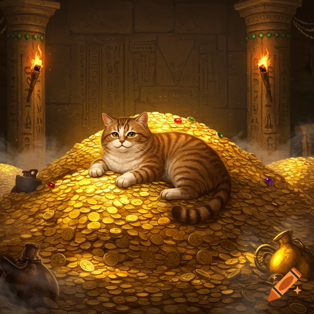 A tabby cat rests on a huge pile of gold coins and jewels in a torch-lit ancient chamber with hieroglyphs.