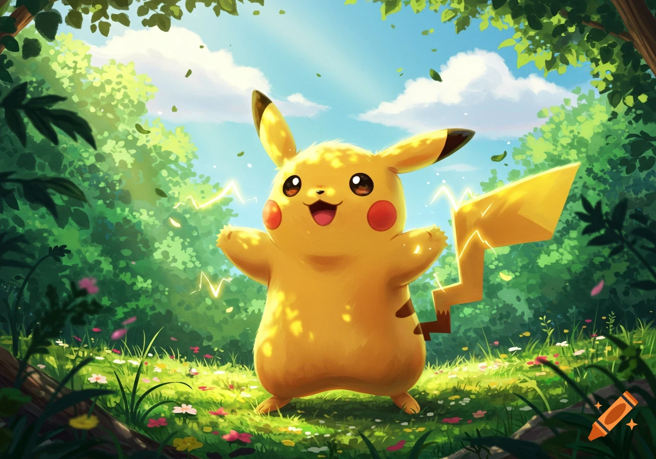 A cheerful Pikachu stands in a bright, green forest clearing filled with colorful flowers and glowing electric sparks.
