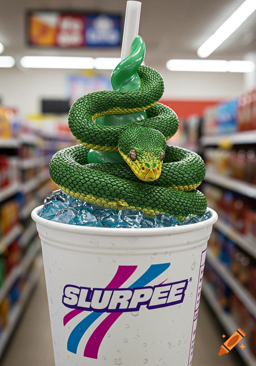 A photorealistic green snake coiled on top of a Slurpee cup with blue ice, in a blurred convenience store aisle.