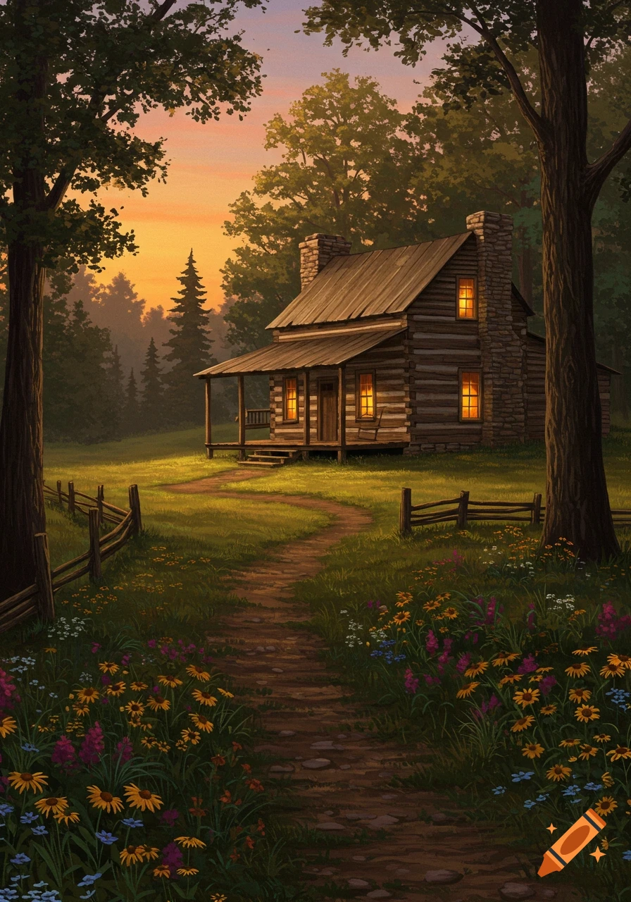 A charming log cabin with glowing windows sits amidst a lush forest at sunset, with a winding path leading to it through wildflowers.