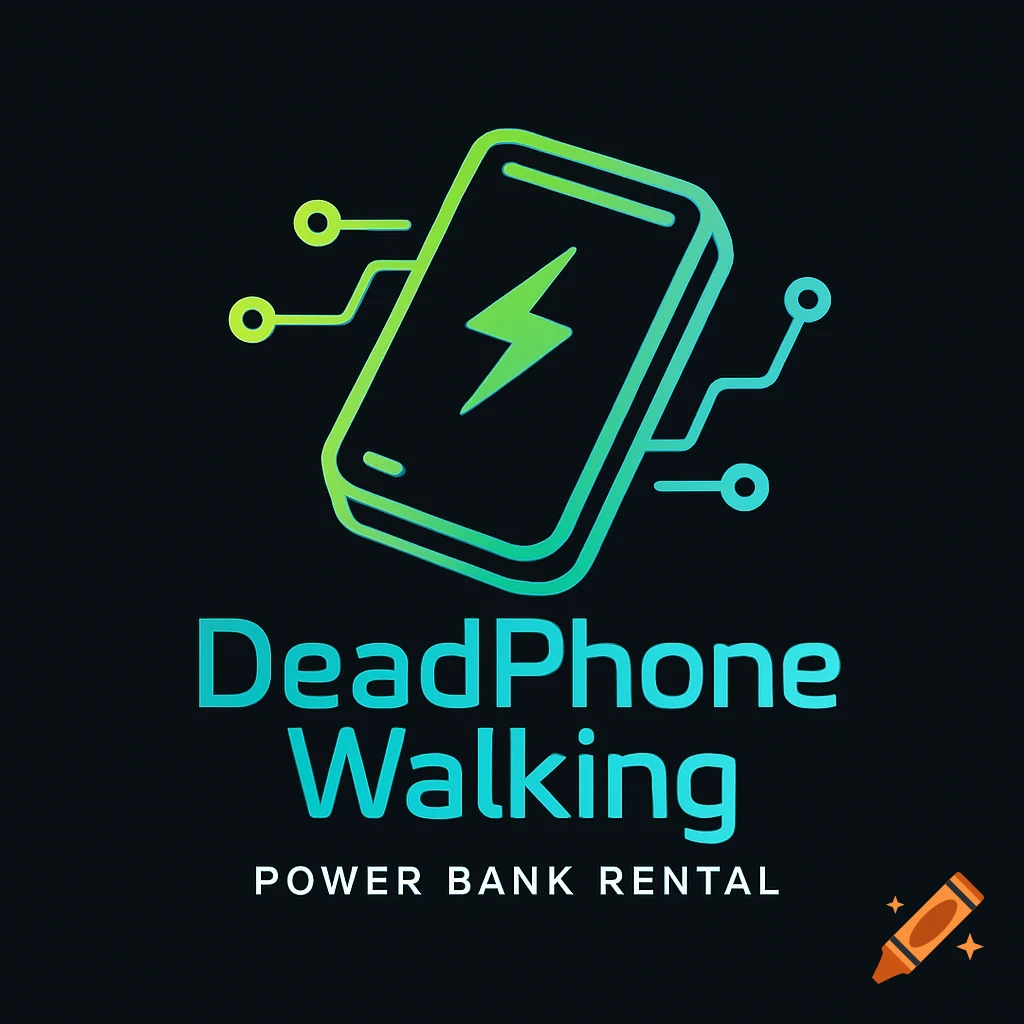 A logo for 'DeadPhone Walking Power Bank Rental' featuring a stylized gradient smartphone with a lightning bolt and circuit lines.
