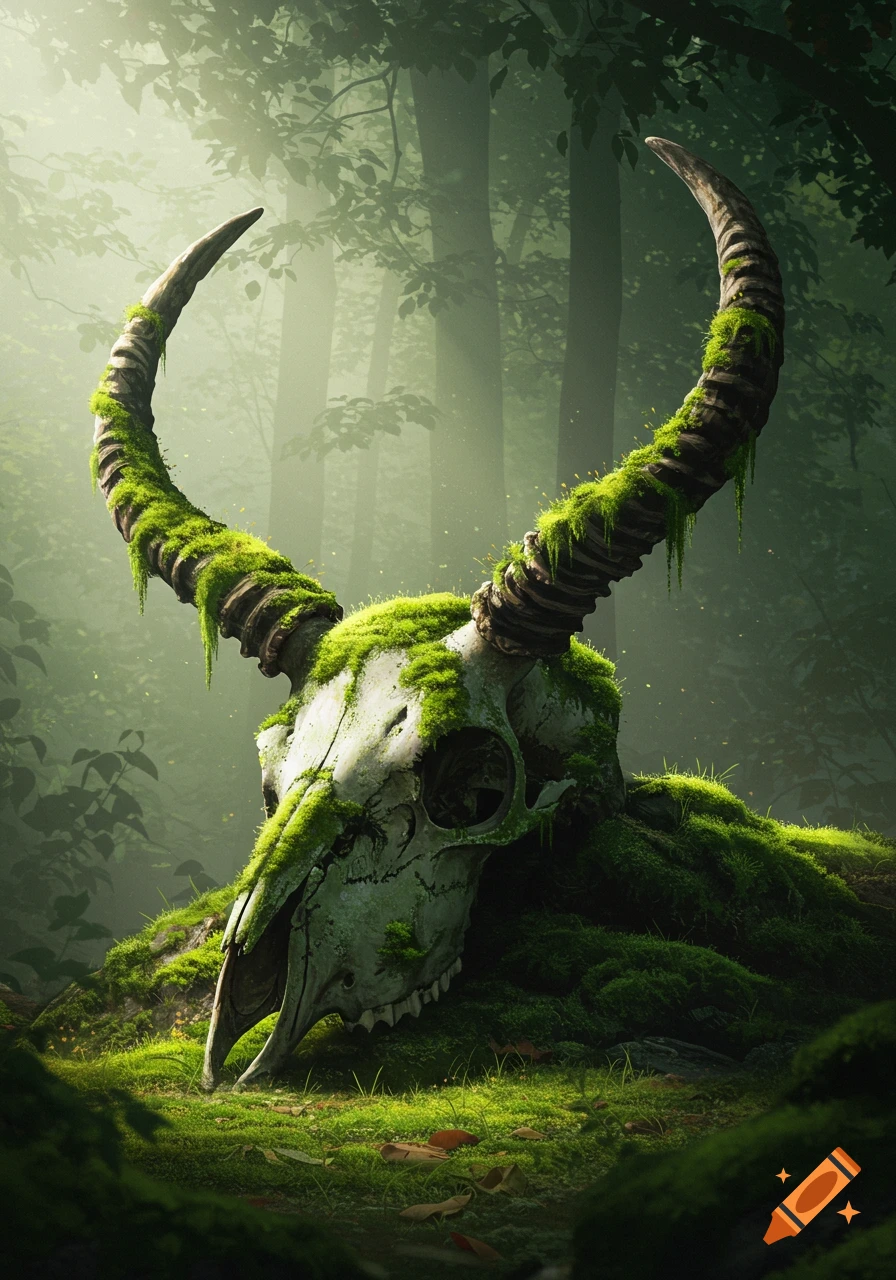 A large animal skull with curving horns, entirely covered in green moss, rests on a mossy forest floor with sunlight filtering through the trees.