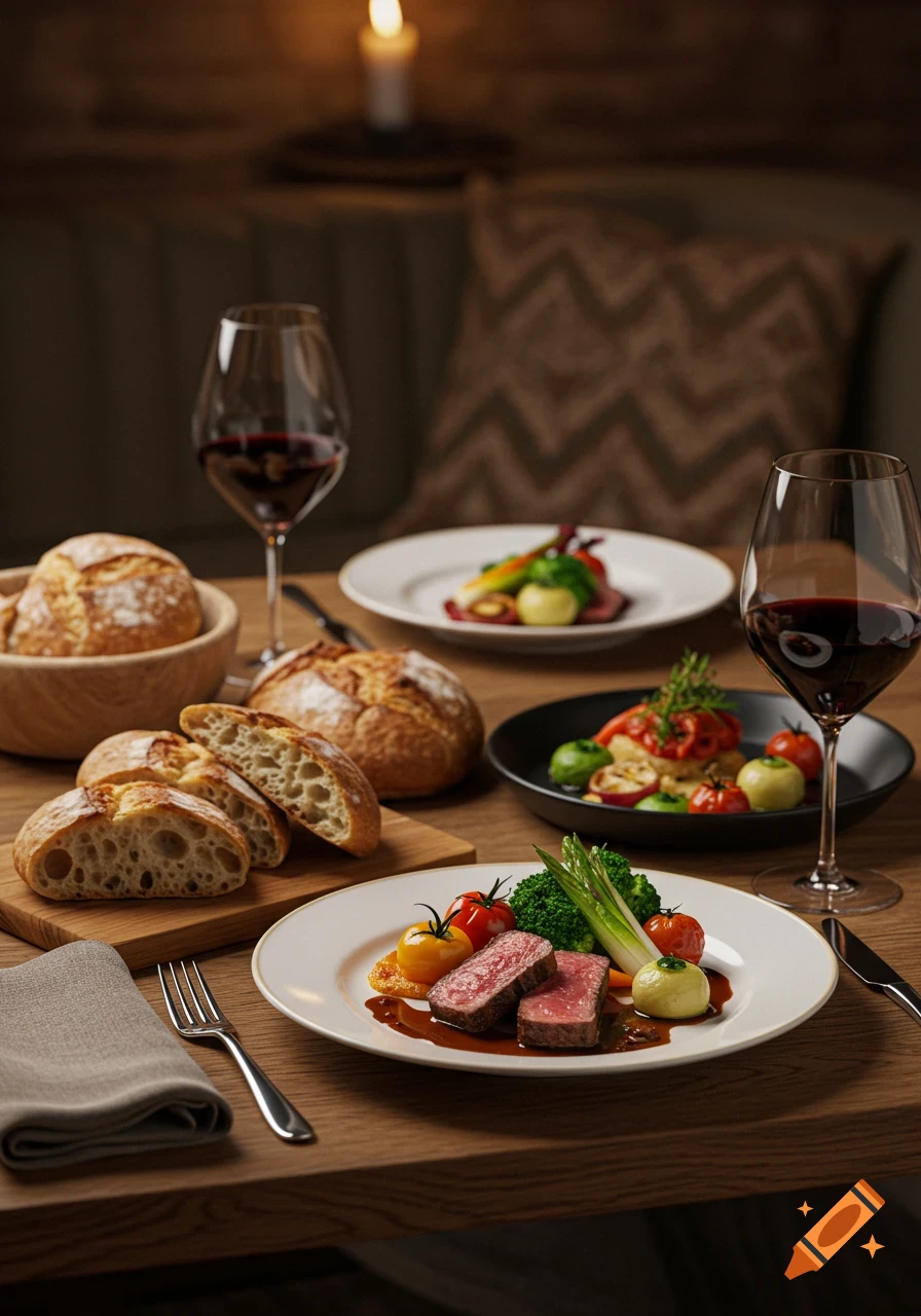 Gourmet dinner table setting with steak, vegetables, bread, and red wine, illuminated by candlelight.