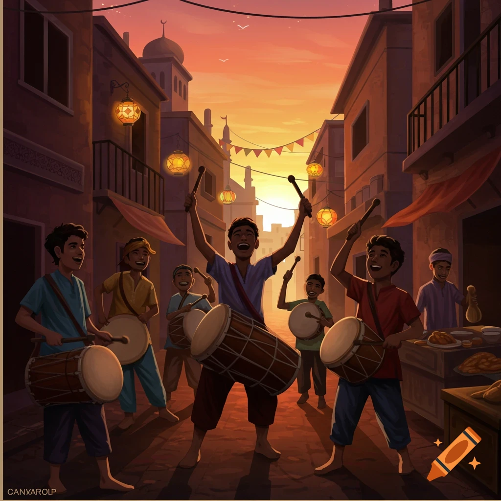 A group of young men and boys play drums in a lively street at sunset, with lanterns and mosque domes in the background, in a vibrant illustration.