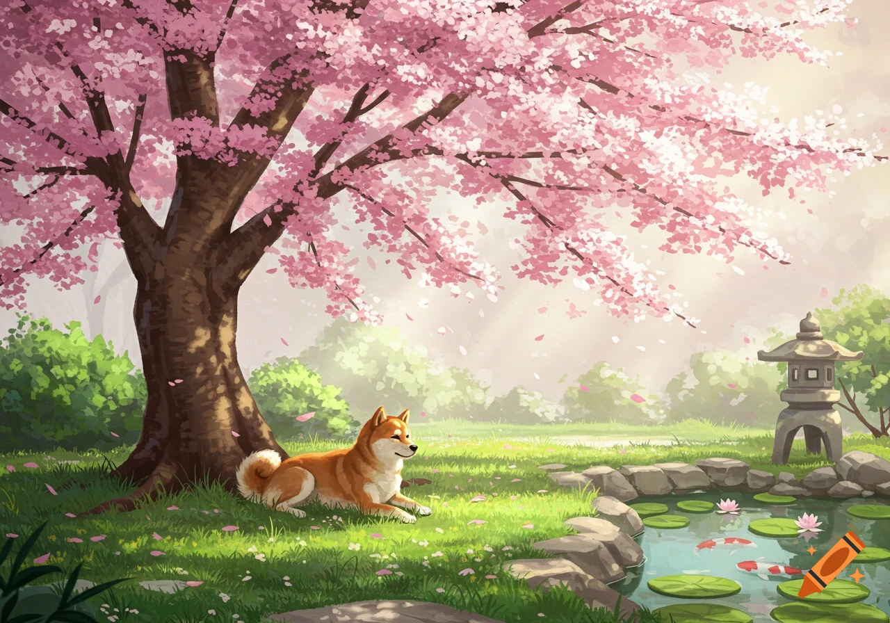 An idyllic illustration of a Shiba Inu resting under a pink cherry blossom tree next to a pond with koi fish and a stone lantern.