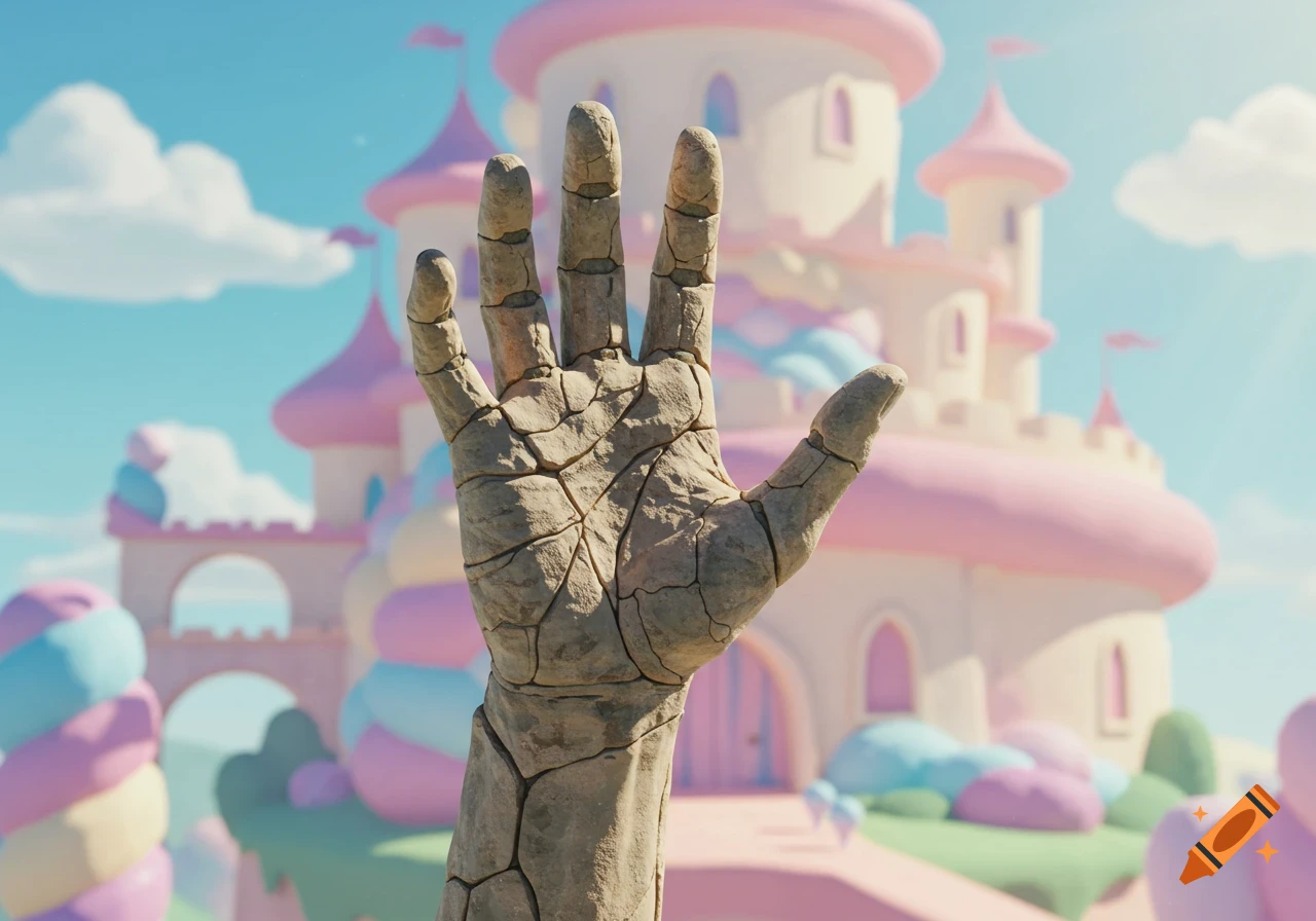 A cracked stone hand in the foreground with a whimsical cartoon castle and pastel landscape in the background.