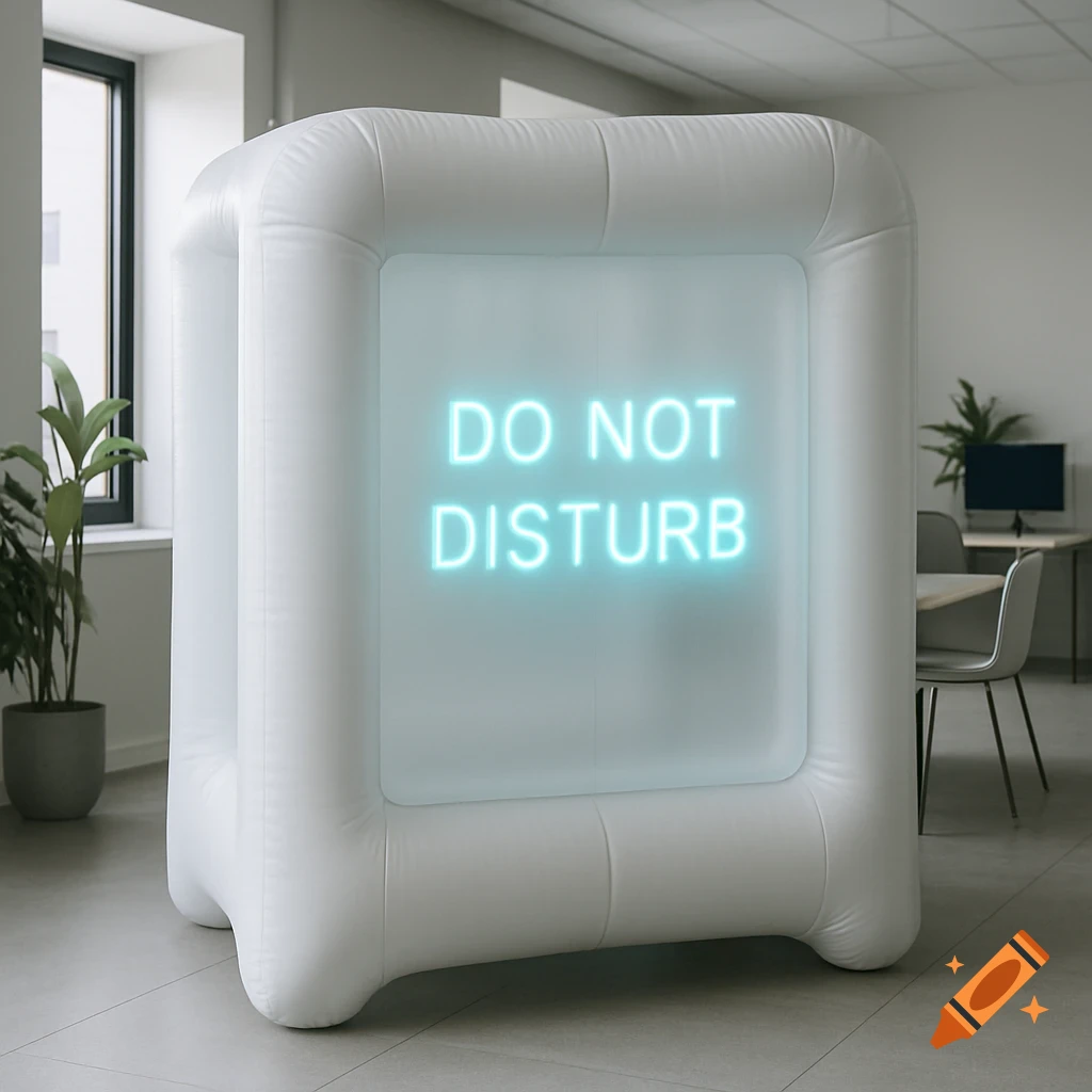 Photorealistic image of a white inflatable office separation wall displaying 'DO NOT DISTURB' in blue LED light in a modern office.