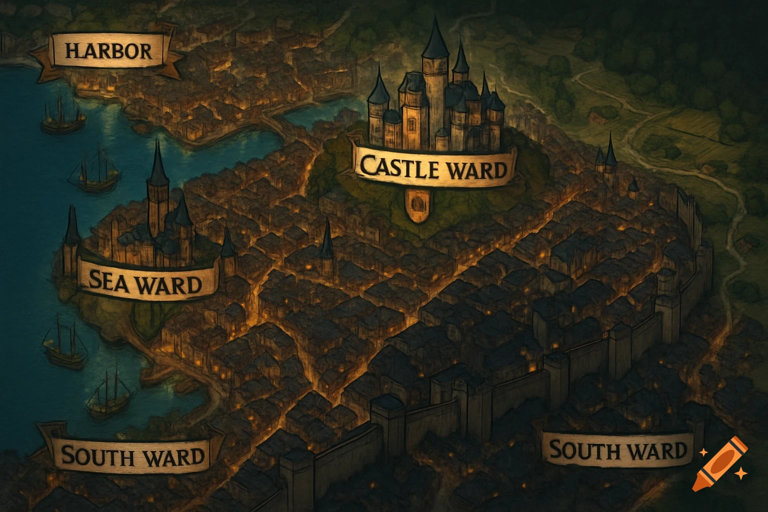 A detailed fantasy city map seen from above at night, featuring a castle, harbor, and illuminated city blocks with labels for different wards.