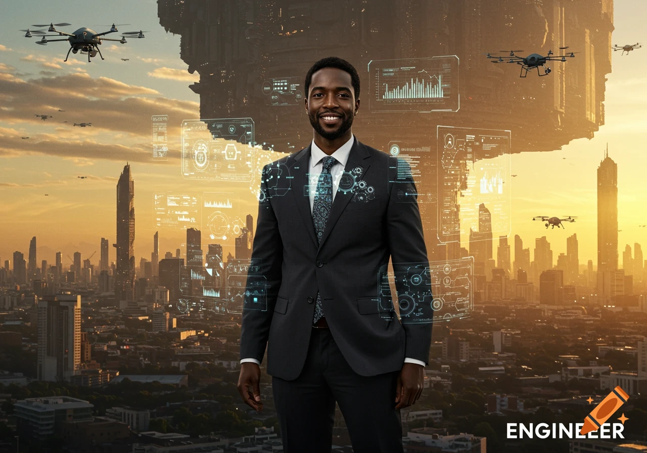 A smiling Black man in a suit stands in a futuristic city with drones and holographic data interfaces at sunset. Photorealistic.