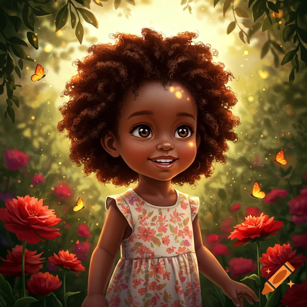 A smiling, dark-skinned cartoon girl with curly hair in a floral dress, standing in a glowing garden with red flowers and butterflies.
