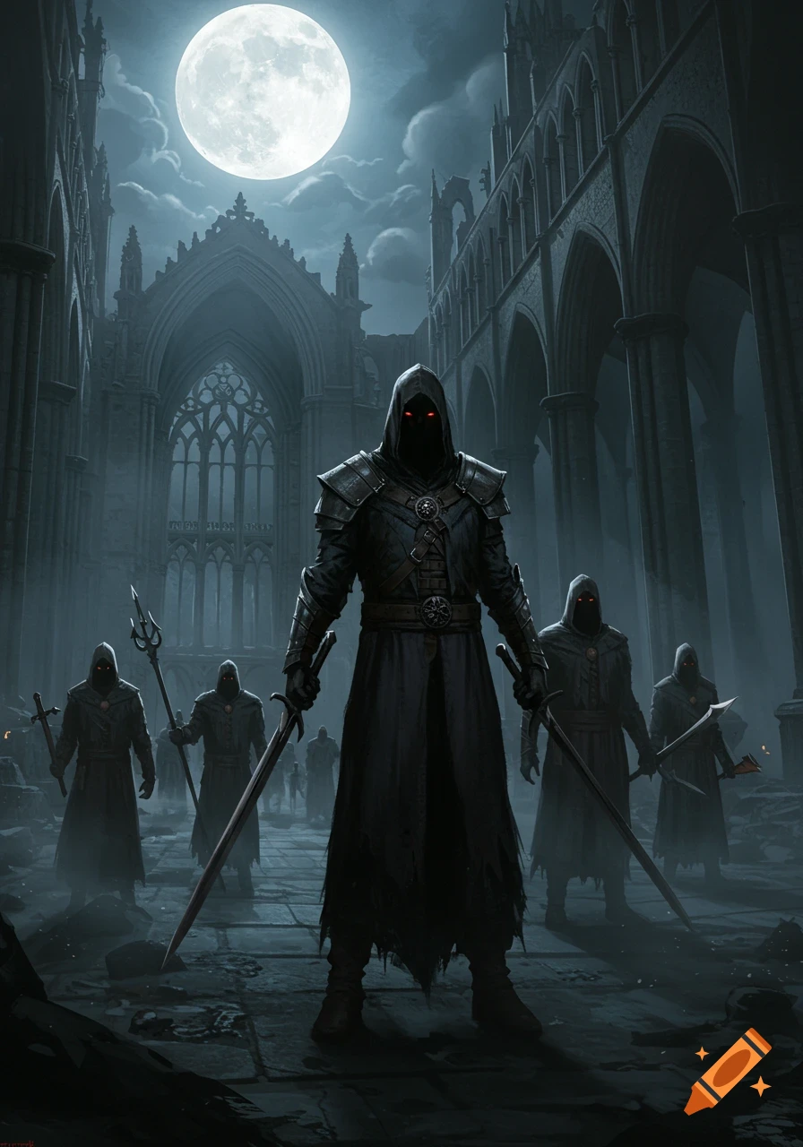A group of cloaked figures with glowing red eyes and swords stand in a ruined gothic cathedral under a full moon.