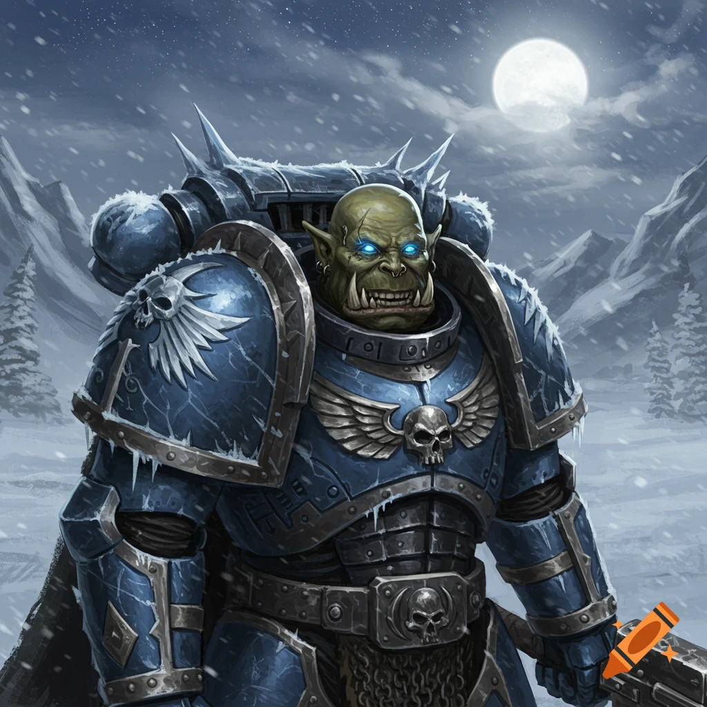A green-skinned Ork with blue glowing eyes, grinning in icy blue Space Wolf armor, stands in a snowy mountain landscape under a full moon.