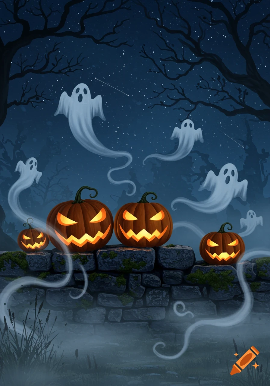 Three glowing jack-o'-lanterns sit on a mossy stone wall under a dark, starry night sky with white ghosts and bare trees.