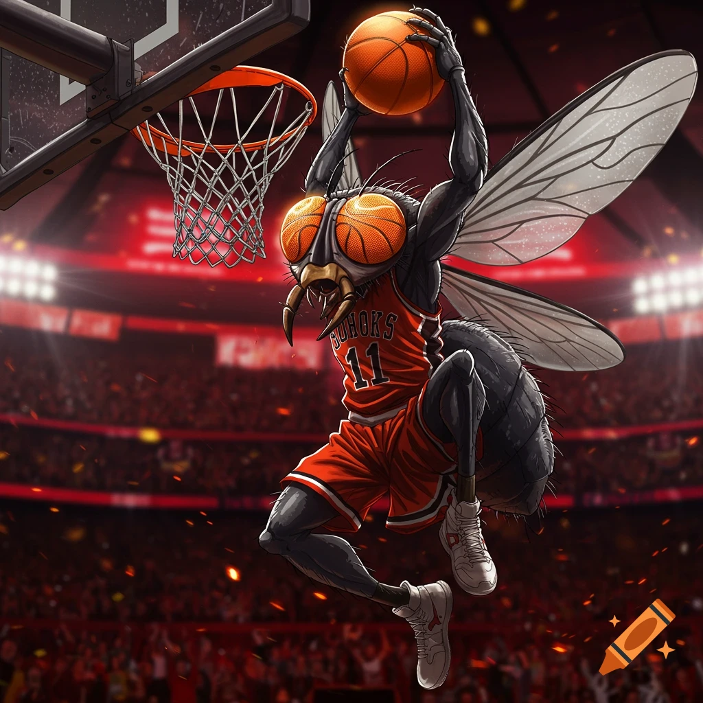 Anime-style aggressive fly with basketball eyes slam dunking a basketball in a red-lit stadium.