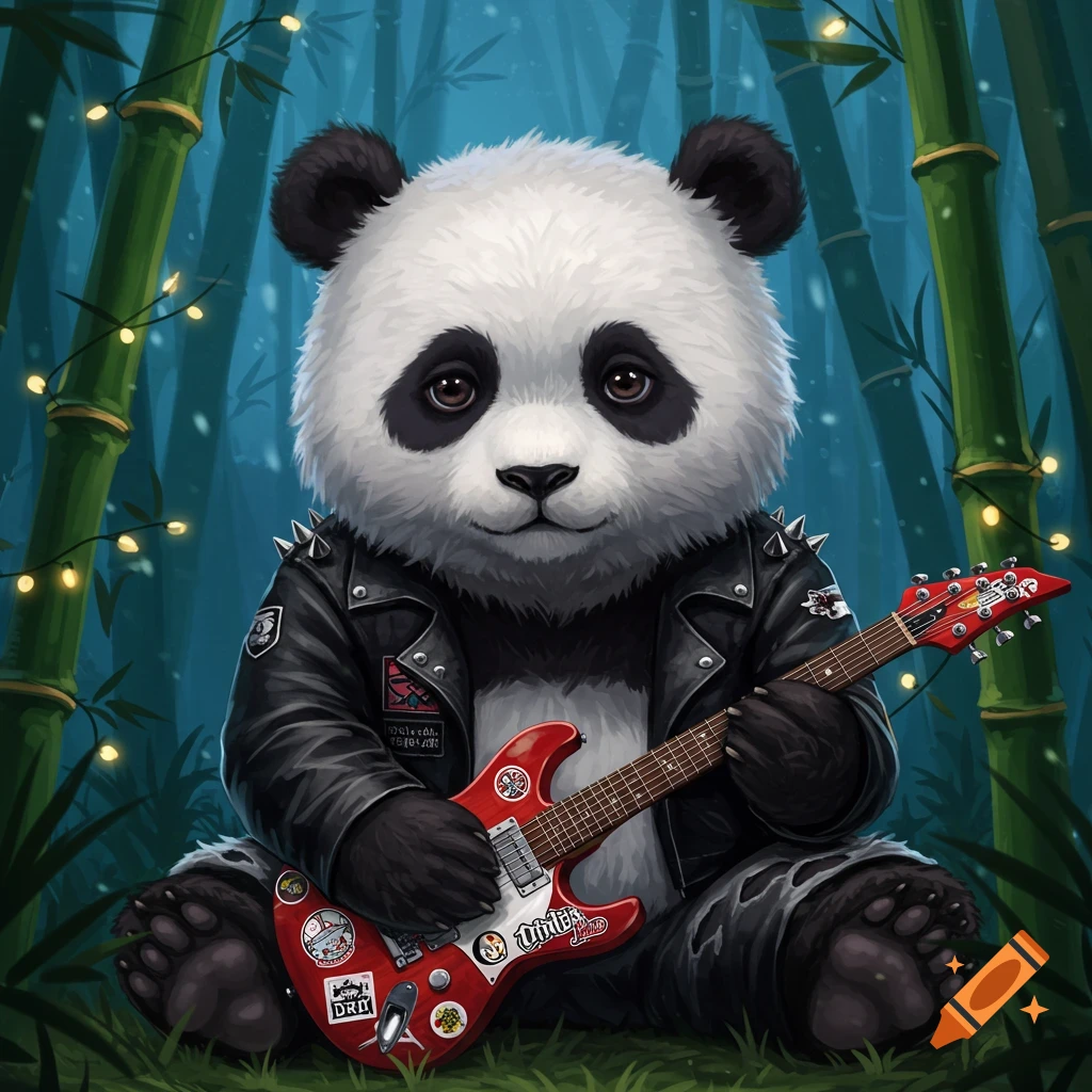A cute panda wearing a black studded leather jacket, sitting in a bamboo forest, holding a red electric guitar.