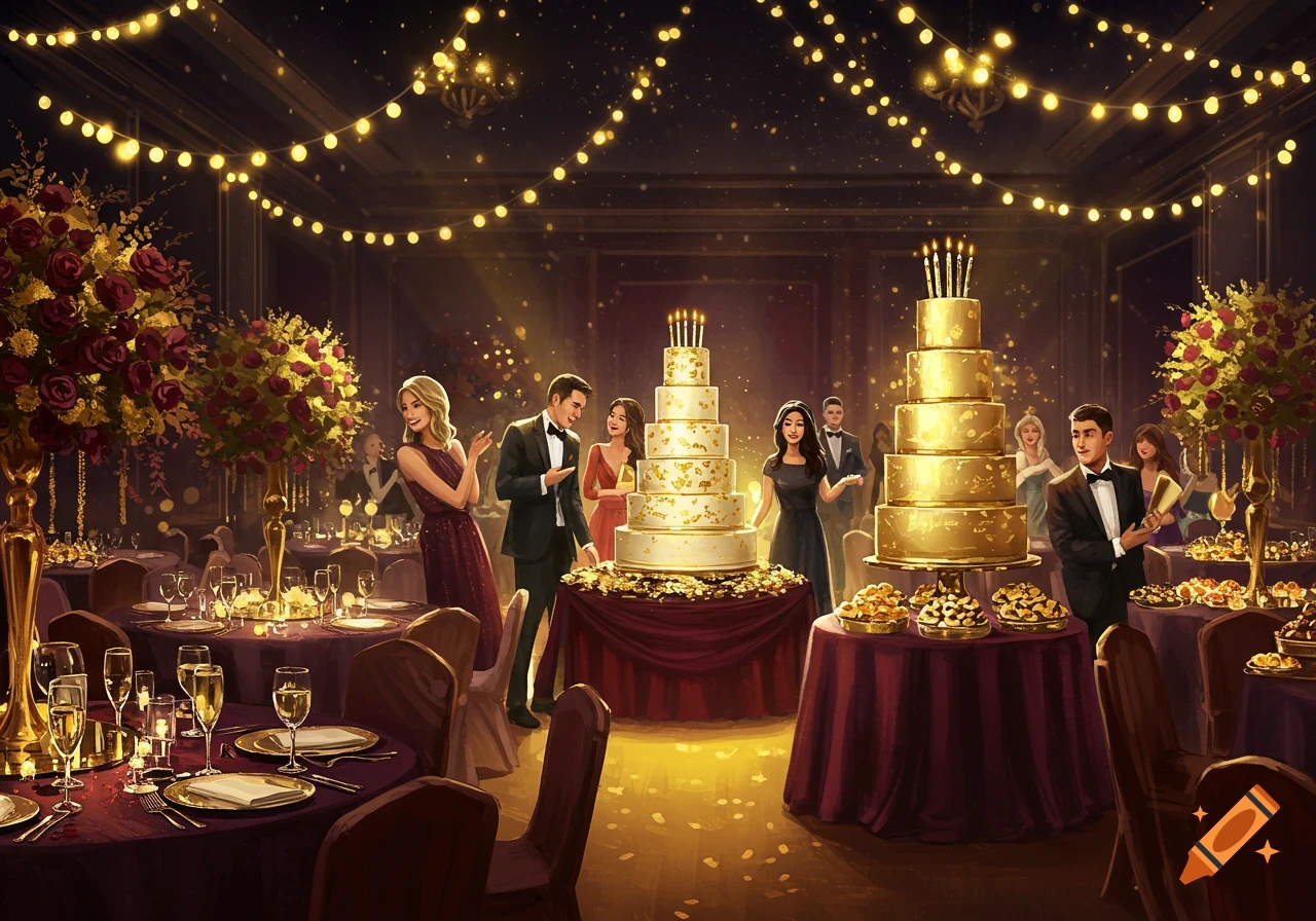 A luxurious golden-lit anniversary party in a grand hall with elegantly dressed guests, two large golden tiered cakes, and floral arrangements.