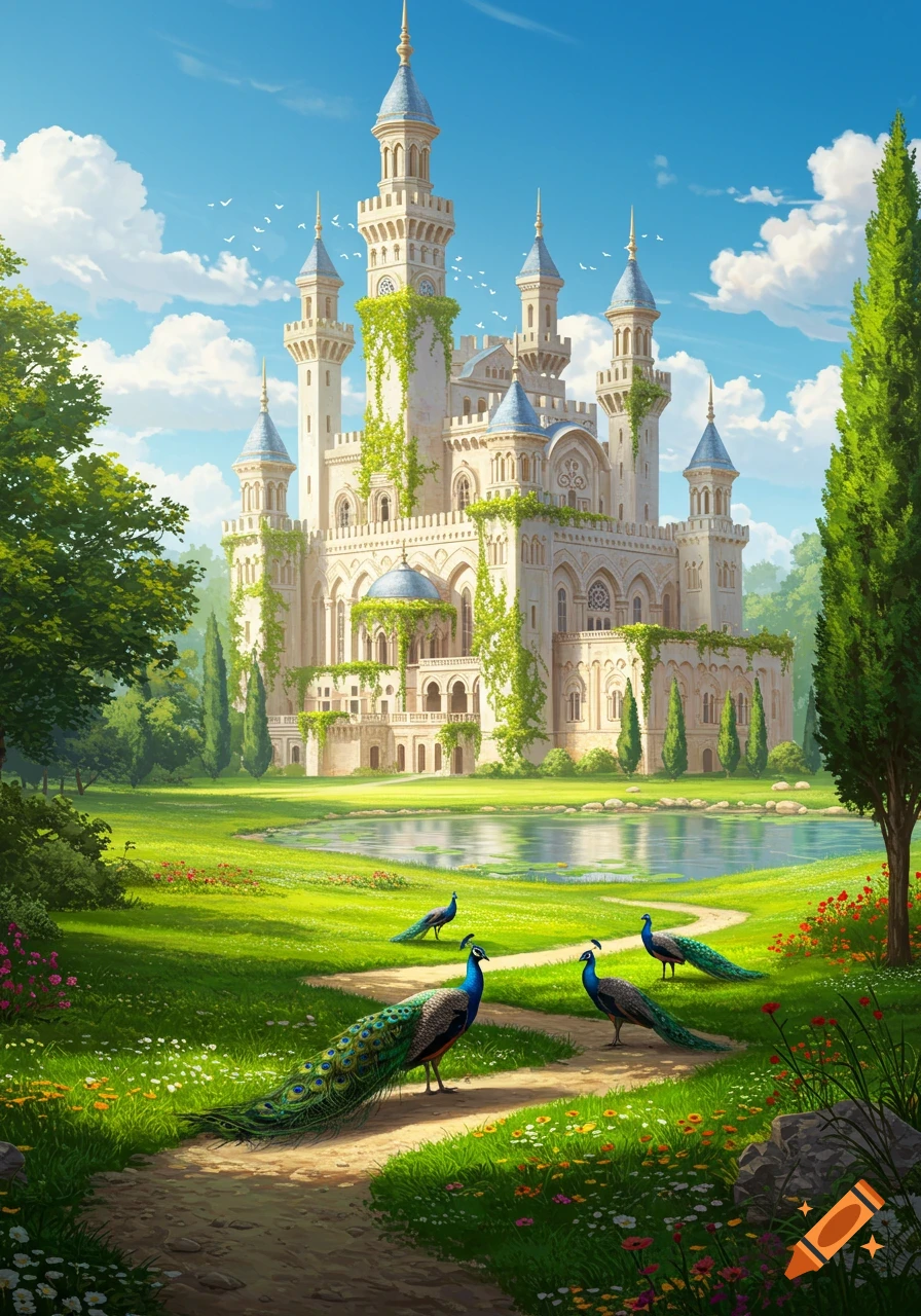 A grand fantasy castle with towers and turrets, covered in vines, overlooking a pond in a lush green park with peacocks.