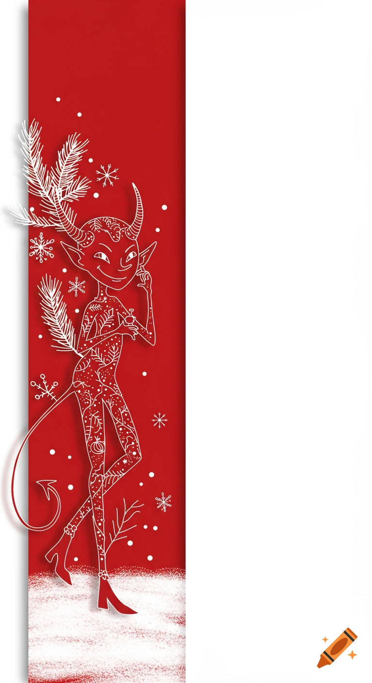 A minimalist red and white illustration of a festive imp with horns and a tail, surrounded by snowflakes and pine branches, with blank space.