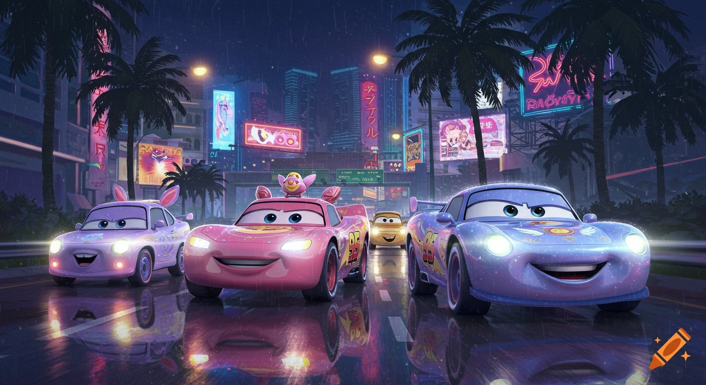 Four colorful, animated cars in Sailor Moon style drive on a wet, neon-lit city street at night, with palm trees and tall buildings.