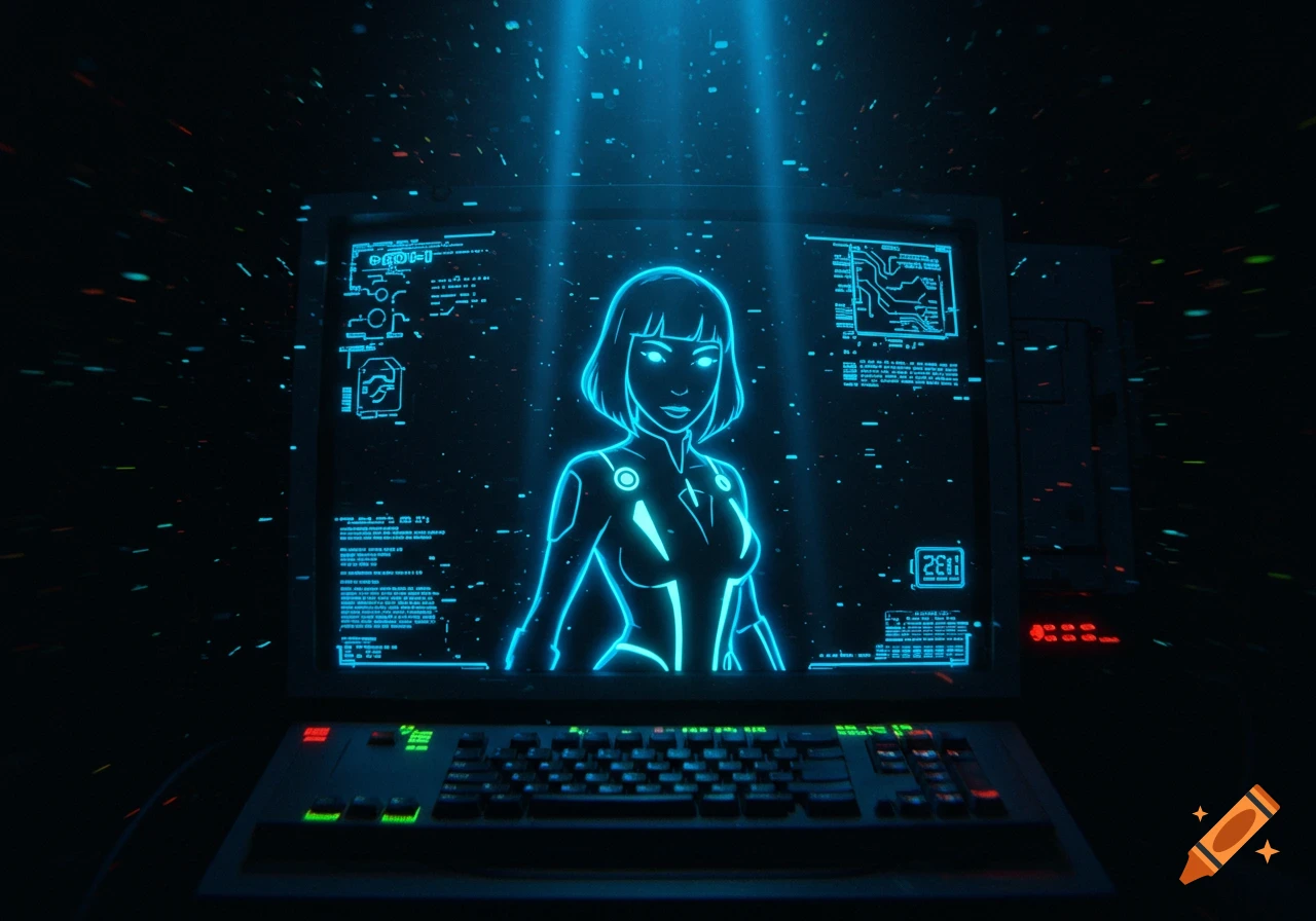 A glowing blue outline of a woman on a retro computer screen, surrounded by digital data and light beams, in the style of Tron.