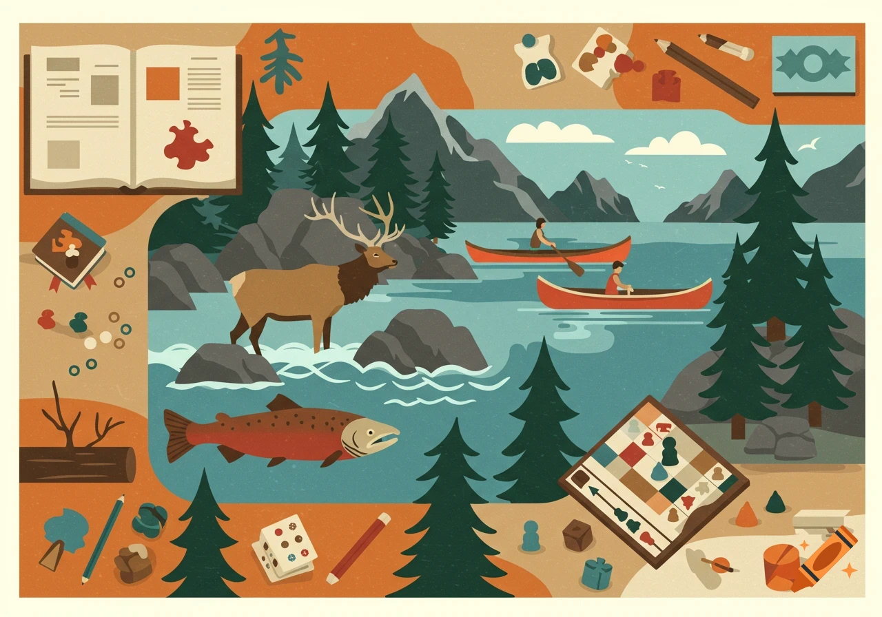 Colorful flat design illustration showing Pacific Northwest nature with wildlife, canoes, books, and games.