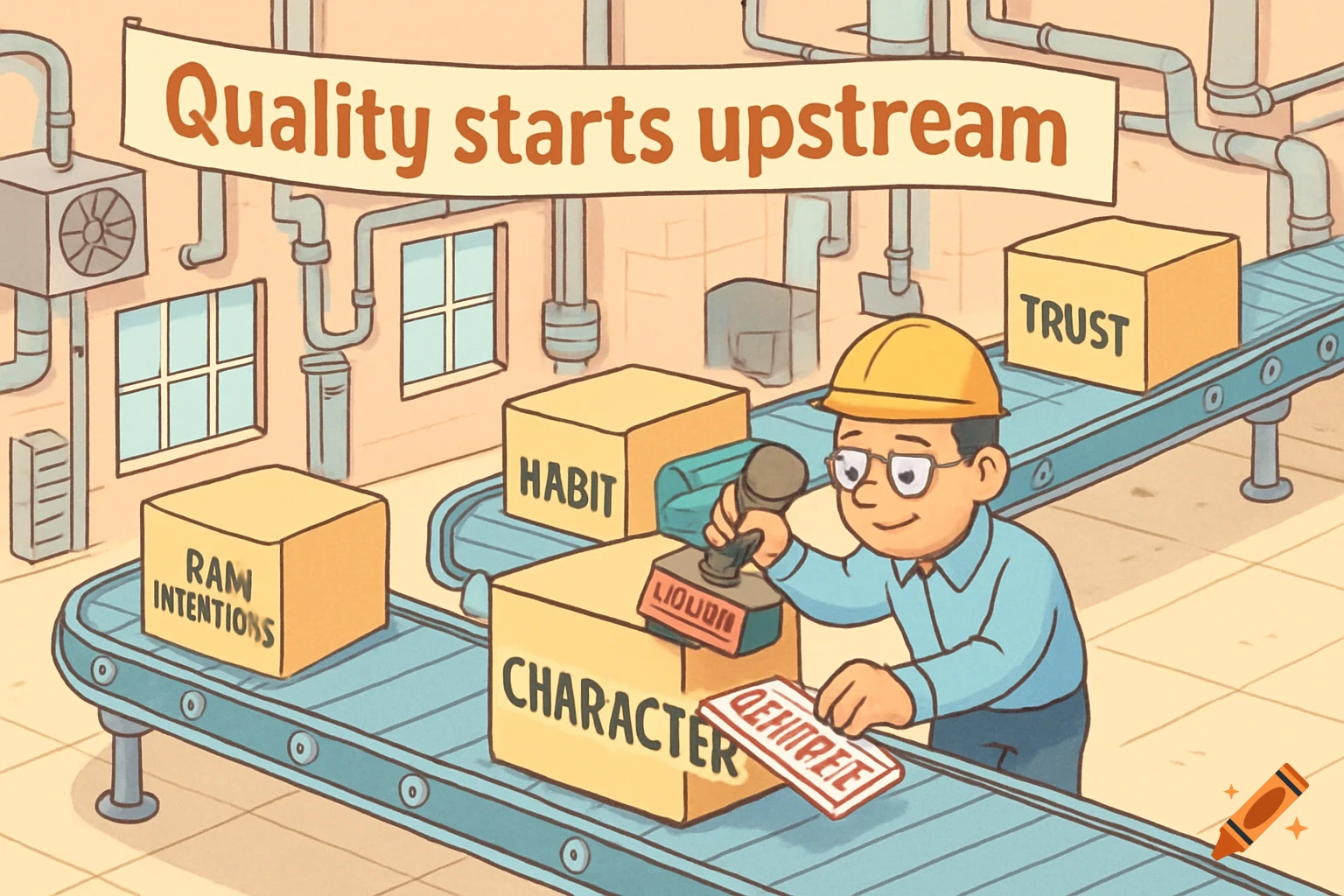 A cartoon factory scene with a banner saying "Quality starts upstream". A worker stamps boxes on a conveyor belt labeled "RAM INTENTIONS", "HABIT", "CHARACTER", and "TRUST".