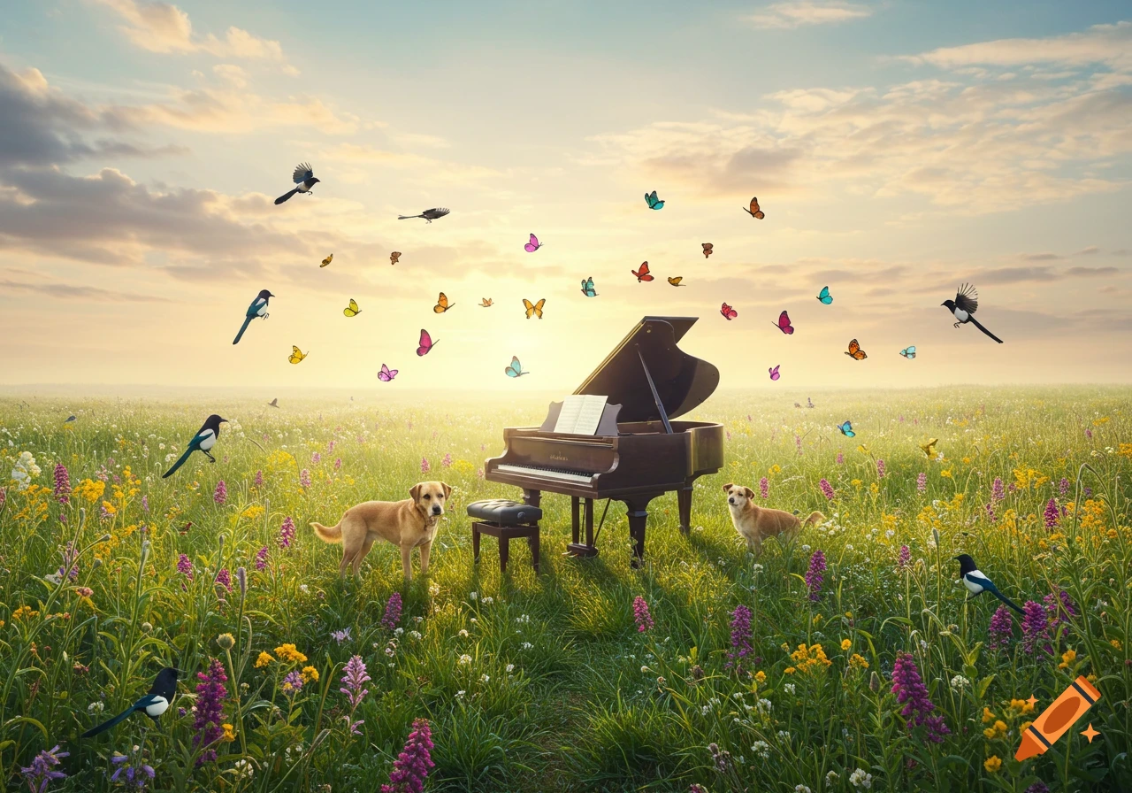 A majestic landscape with a grand piano in a vibrant meadow, two dogs, numerous magpies, and colorful butterflies under a warm, cloudy sky.
