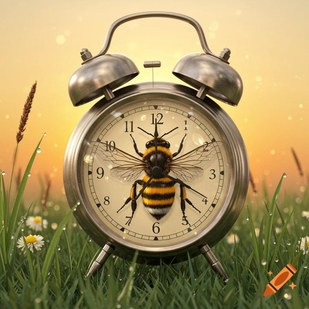 A photorealistic close-up of an old-fashioned silver alarm clock with a bee on its face, sitting in dewy green grass at sunrise.