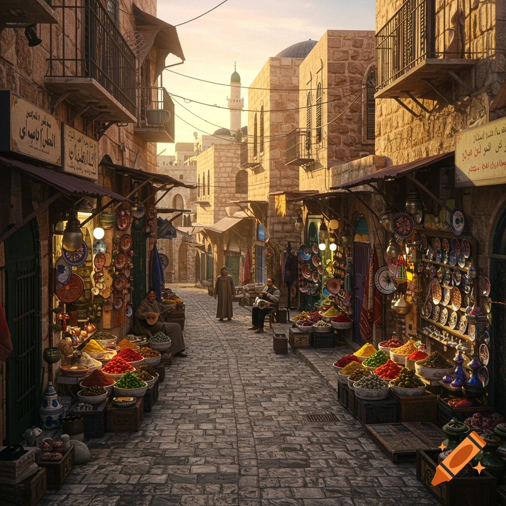 A vibrant, sunlit marketplace street in a Middle Eastern old city, lined with stone buildings and stalls selling colorful spices and pottery, with people walking and musicians playing.