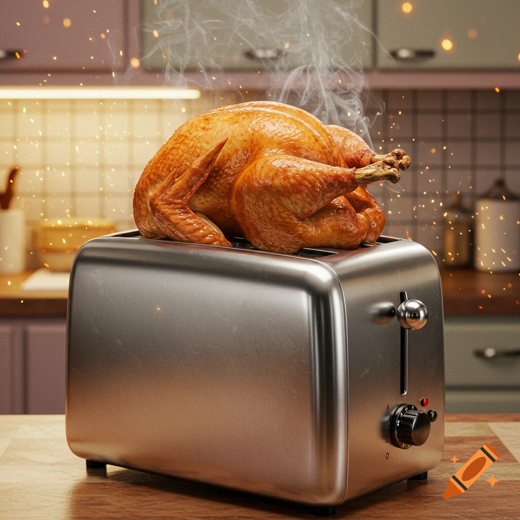 A photorealistic roasted turkey, steaming and sparking, is stuffed into a stainless steel bread toaster on a wooden kitchen counter.
