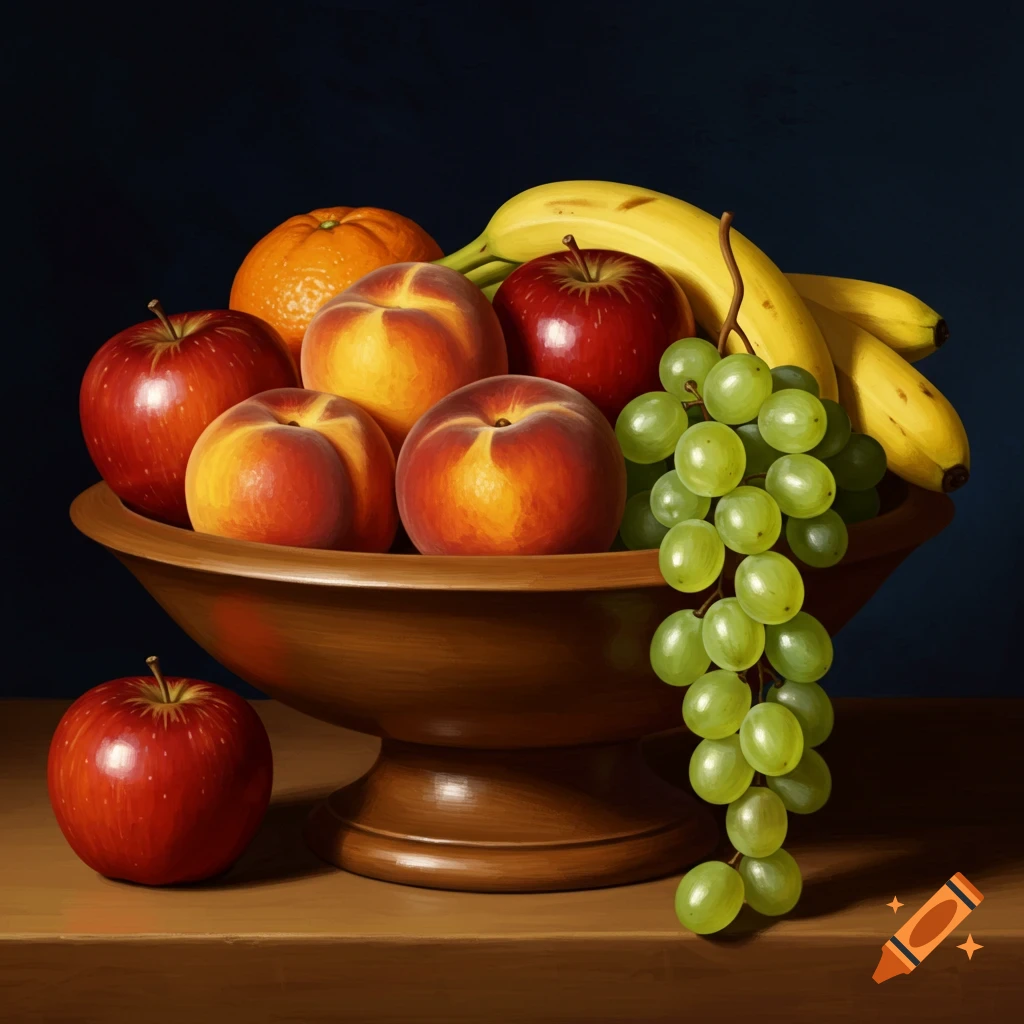 Classical still life painting of a wooden fruit bowl filled with apples, peaches, an orange, bananas, and green grapes.