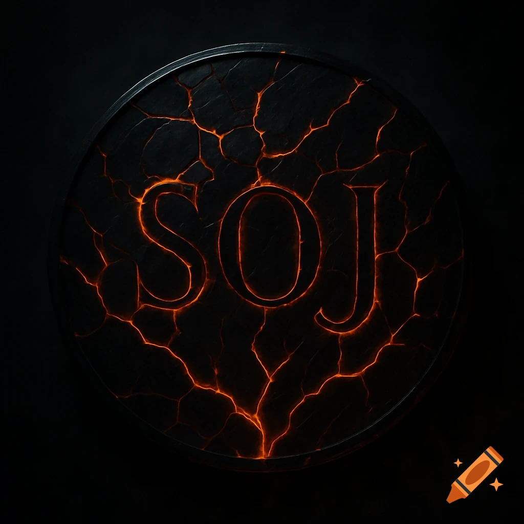 A dark circular emblem with glowing orange molten cracks and the letters SOJ etched in the center.
