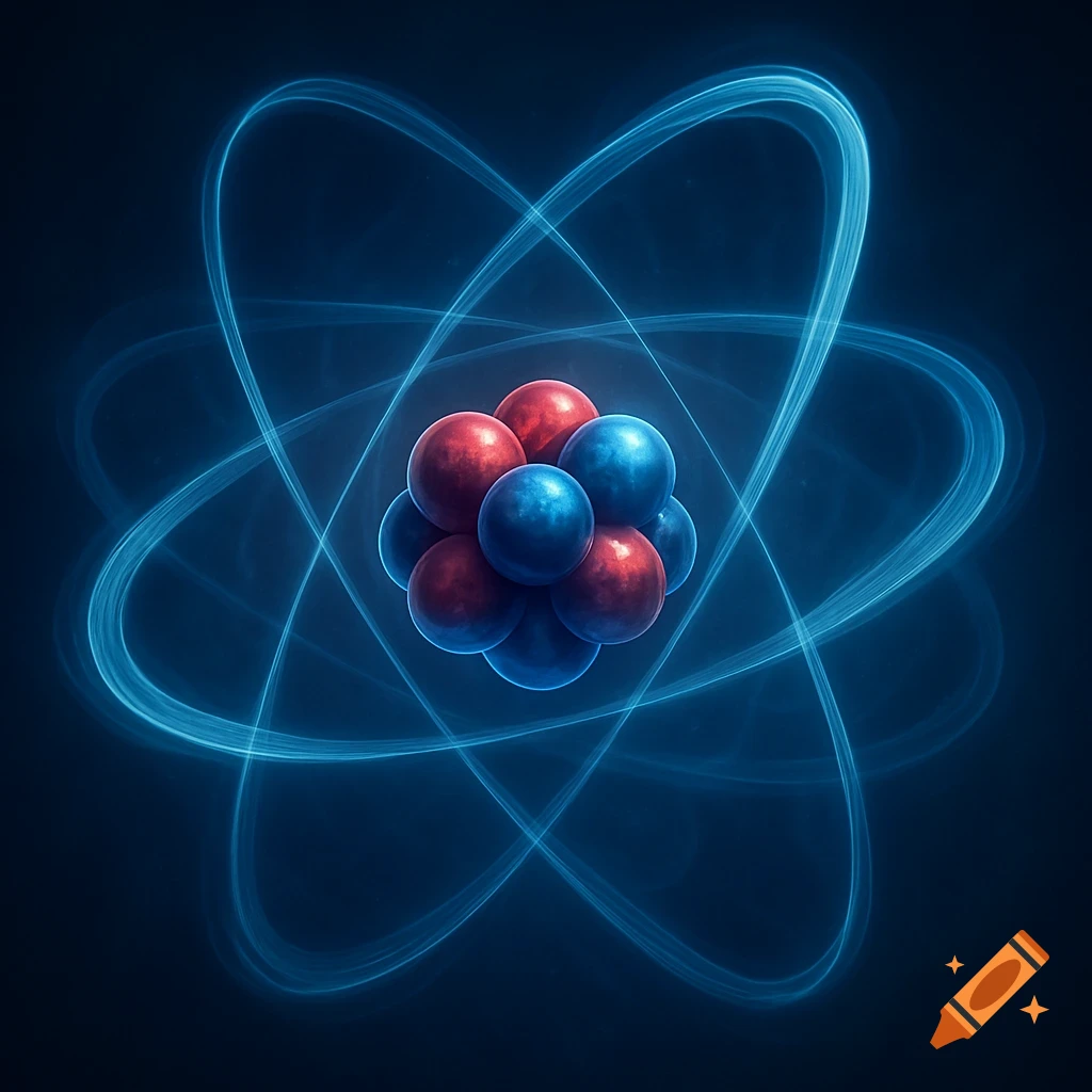 A 3D model of an atom with a central nucleus of red and blue spheres and glowing blue electron orbits.