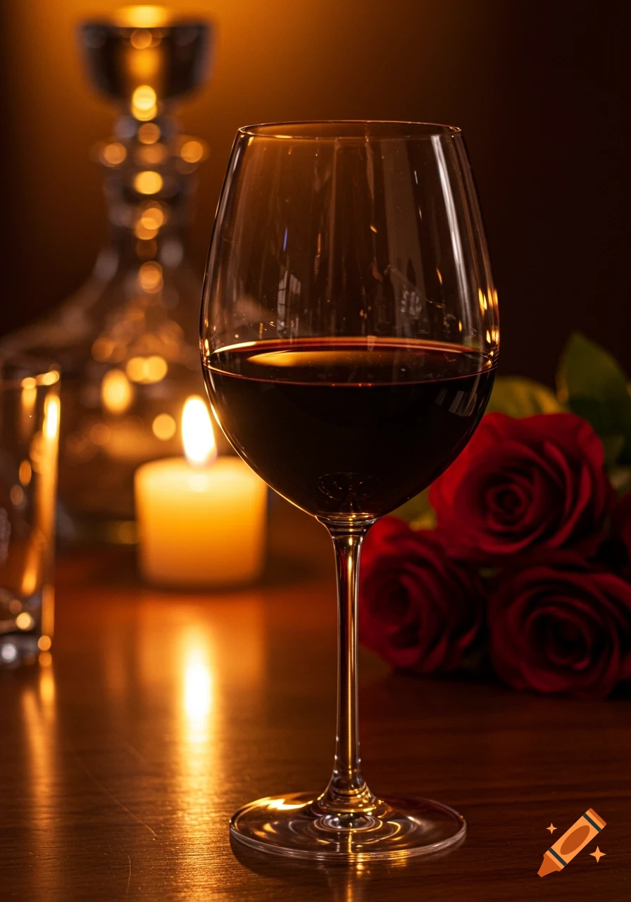 A full glass of red wine on a wooden table, with a lit candle and red roses in a warm, dim light. Photorealistic.