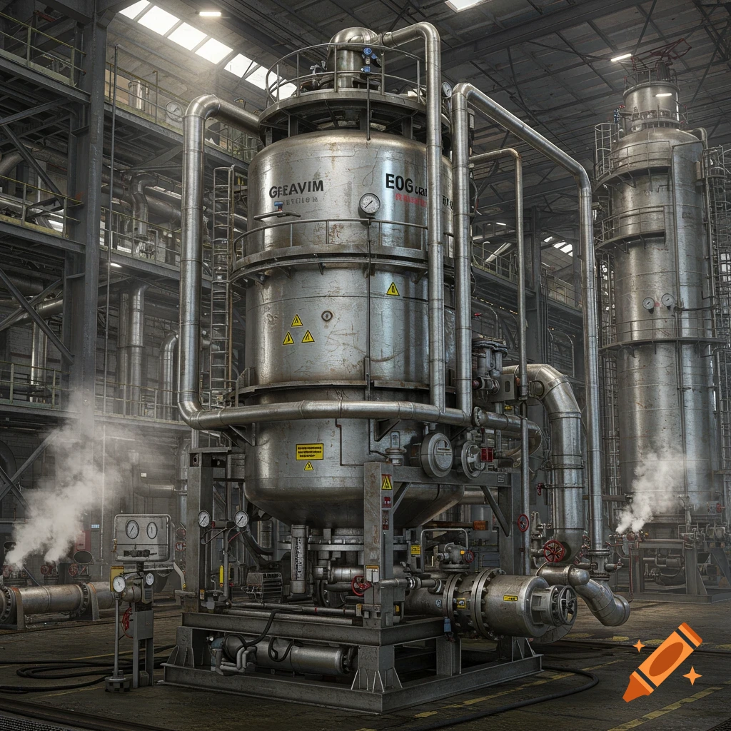 A detailed, photorealistic image of a large, complex gravity separator with numerous pipes and gauges, emitting steam, within a vast industrial facility.