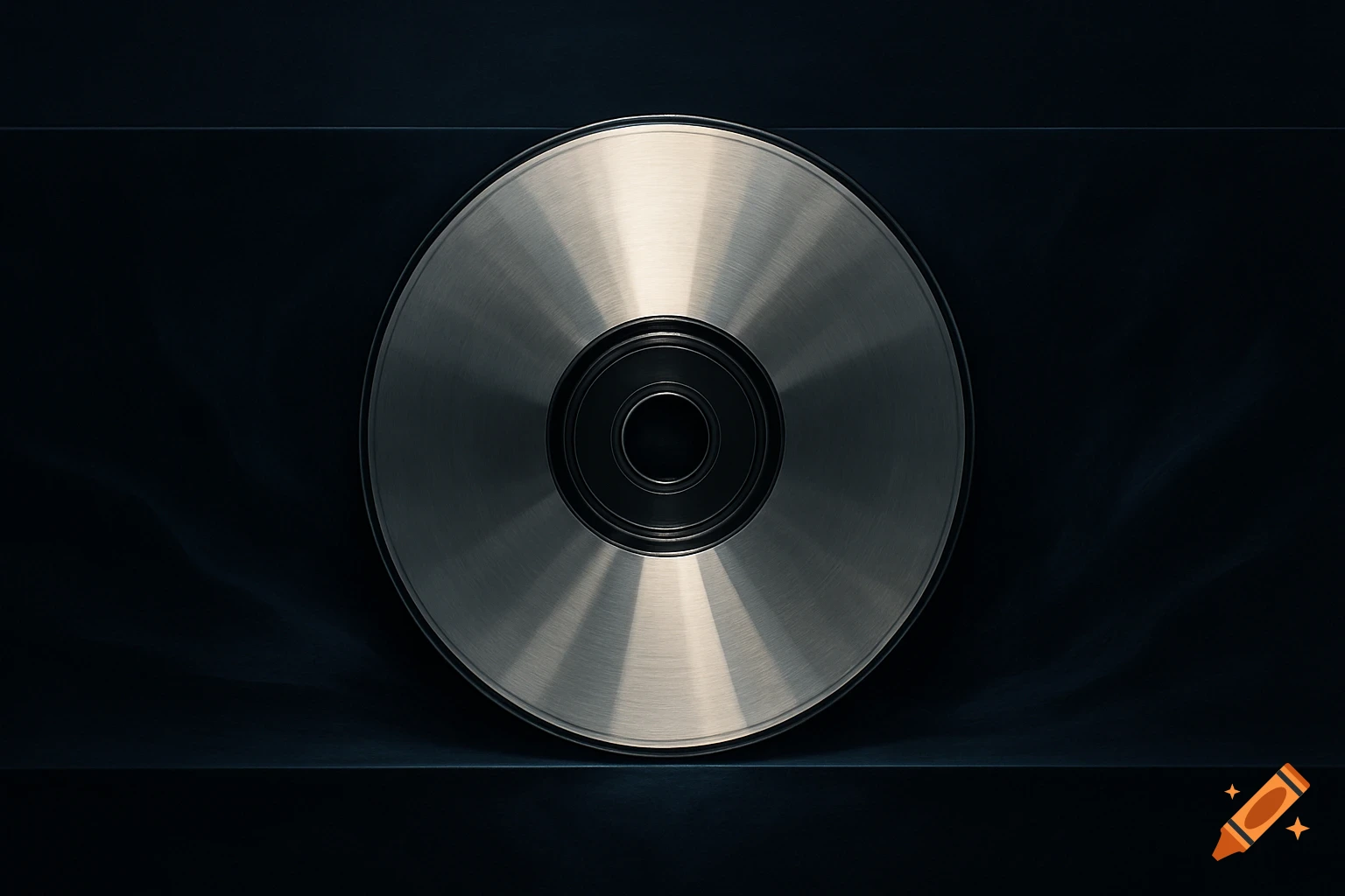 A close-up, centered shot of a silver, metallic disk with a brushed texture, resembling a CD, standing on a dark surface against a deep blue-black background with subtle lighting.