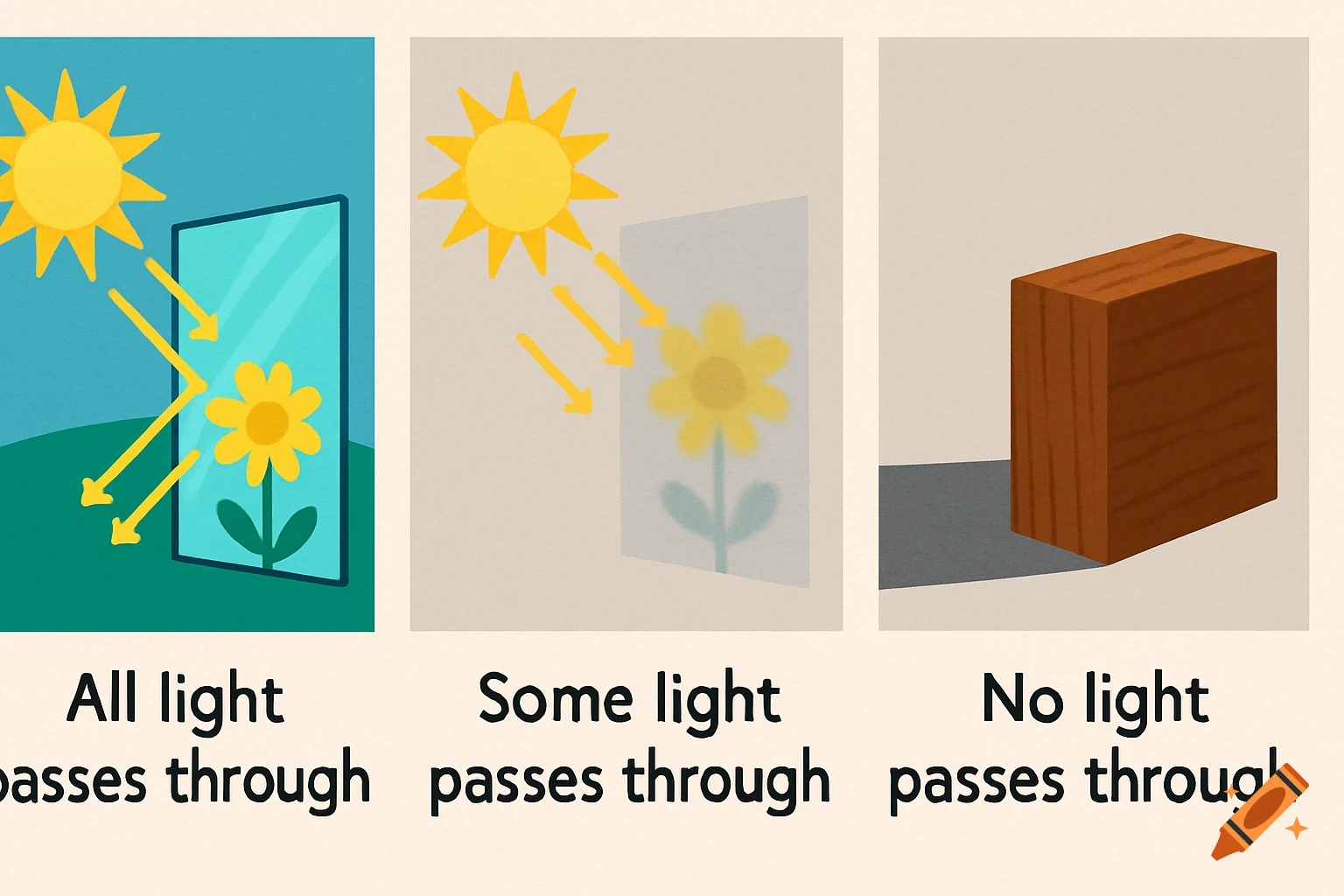 An educational illustration in three panels showing light passing through transparent, translucent, and opaque materials, with labels.