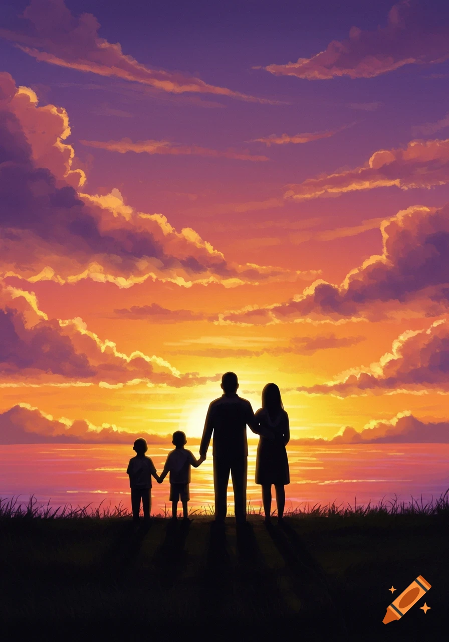 Silhouette of a family on a hill overlooking a vibrant orange and purple sunset over the ocean, illustration.
