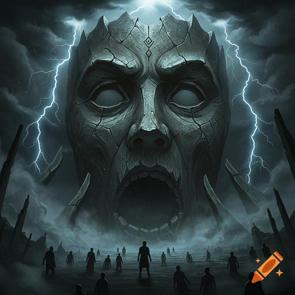 A huge, cracked stone mask screams under a lightning-stormy sky as small, silhouetted figures look up from a misty landscape.